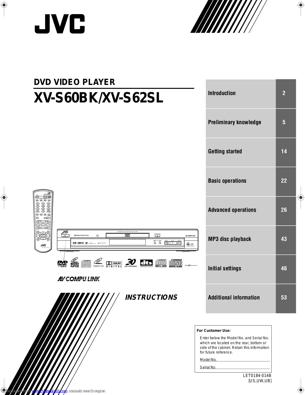 JVC XV-S60BKC, XV-S60BKJ, XV-S62SLJ, XV-S62SLUB, XV-S62SLUF Instructions Manual