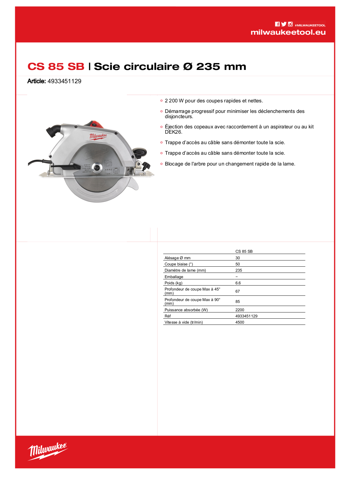 Milwaukee CS 85 SB, 4933451129 Specification - ManualMachine.com