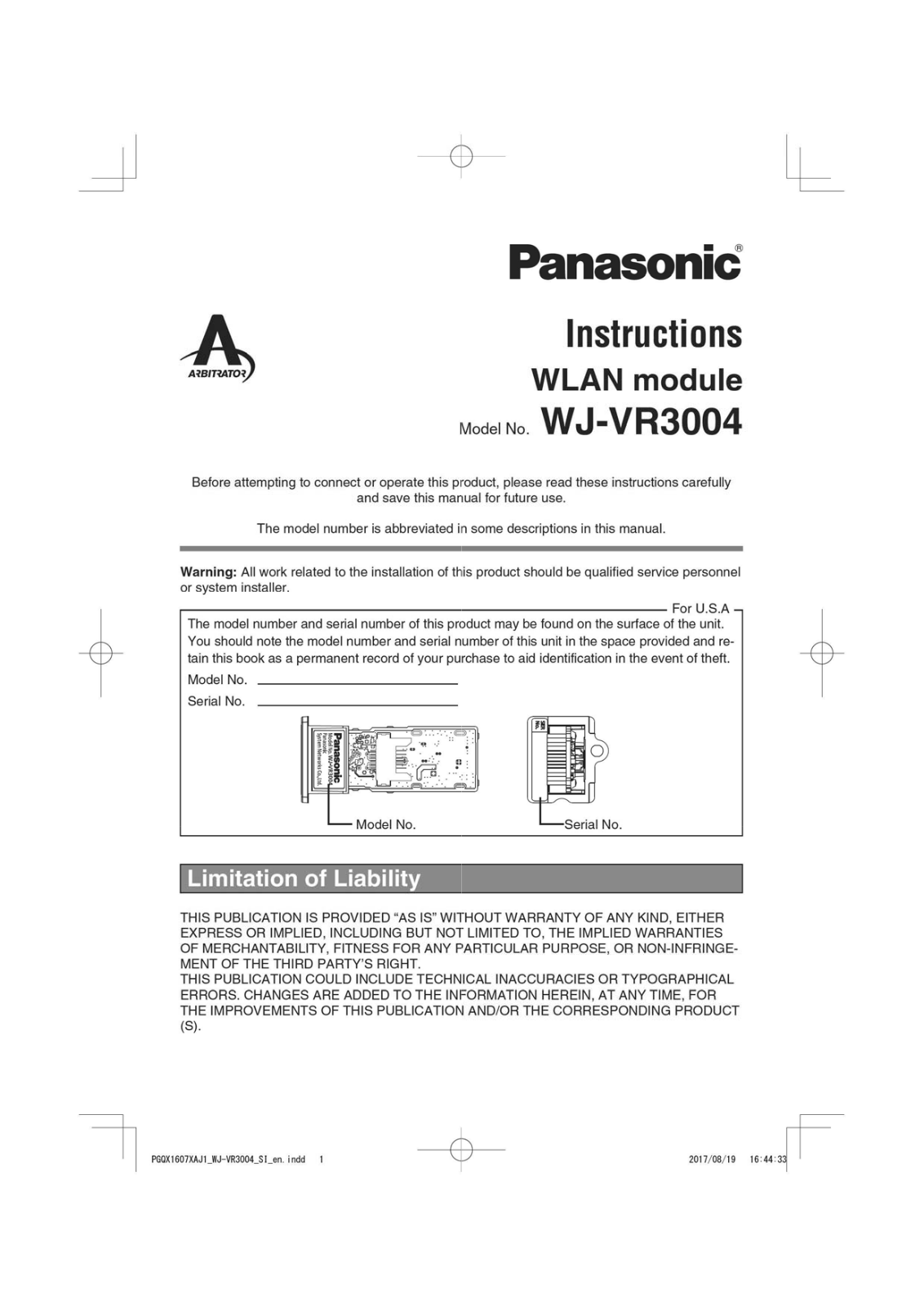 Panasonic 9TAWJ-VR3004 User Manual