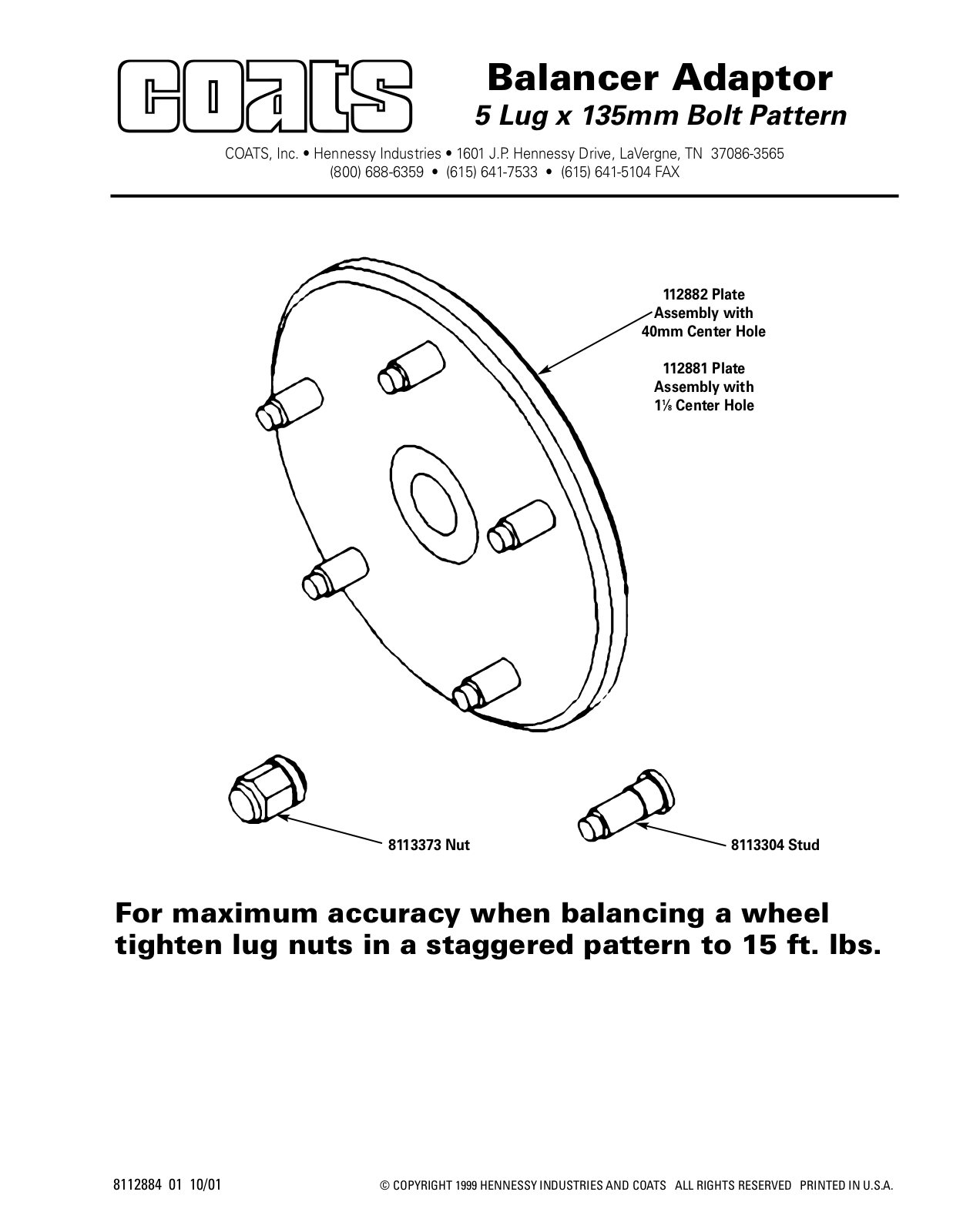 COATS Balancer Adapter, 5 lug x 135mm Bolt Pattern User Manual