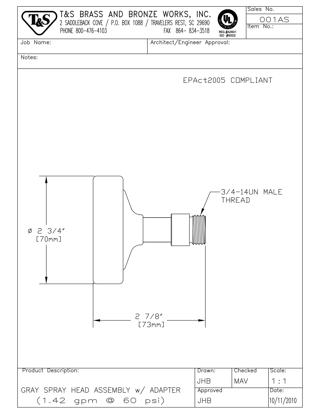 T&S Brass 001AS User Manual