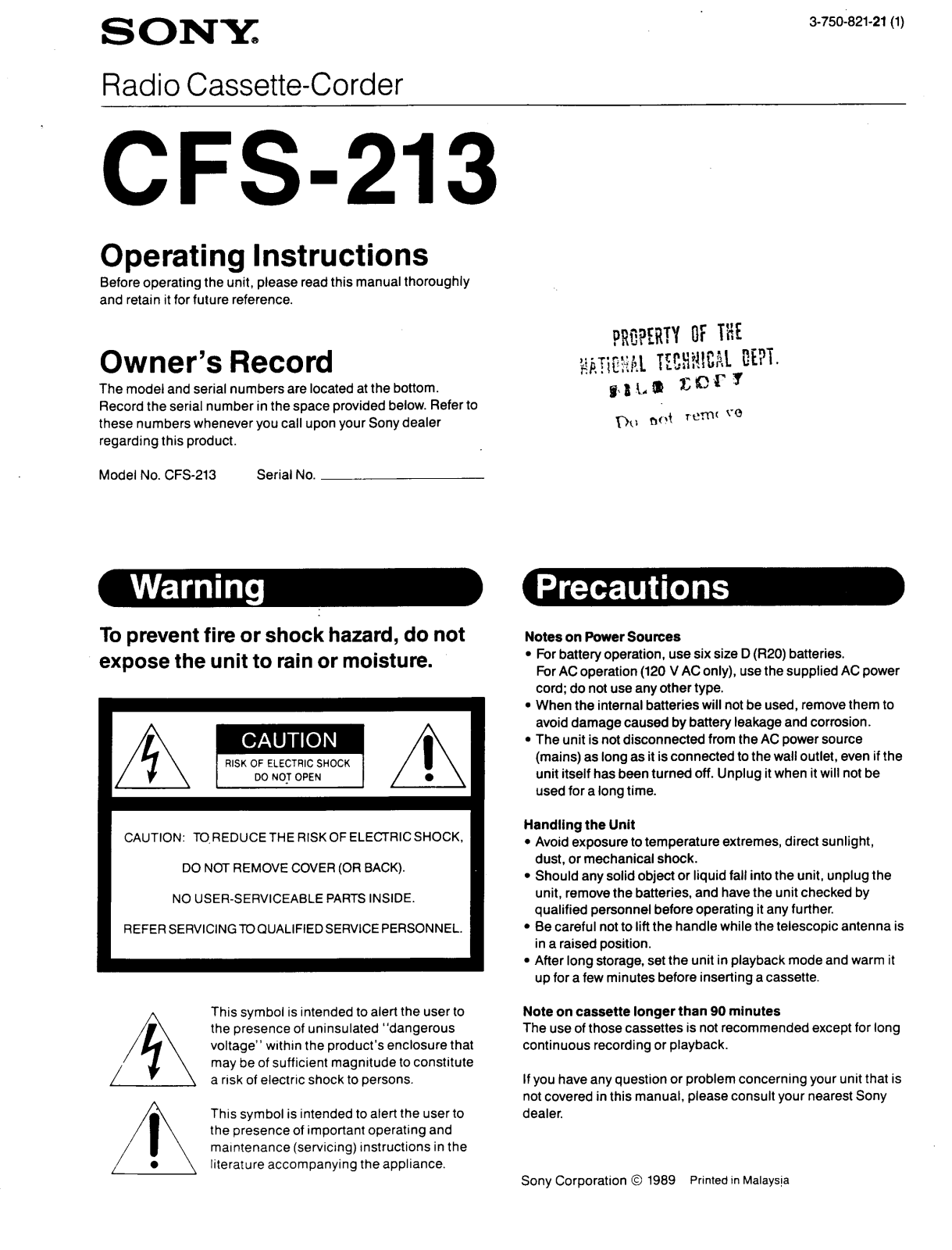 Sony CFS-213 User Manual