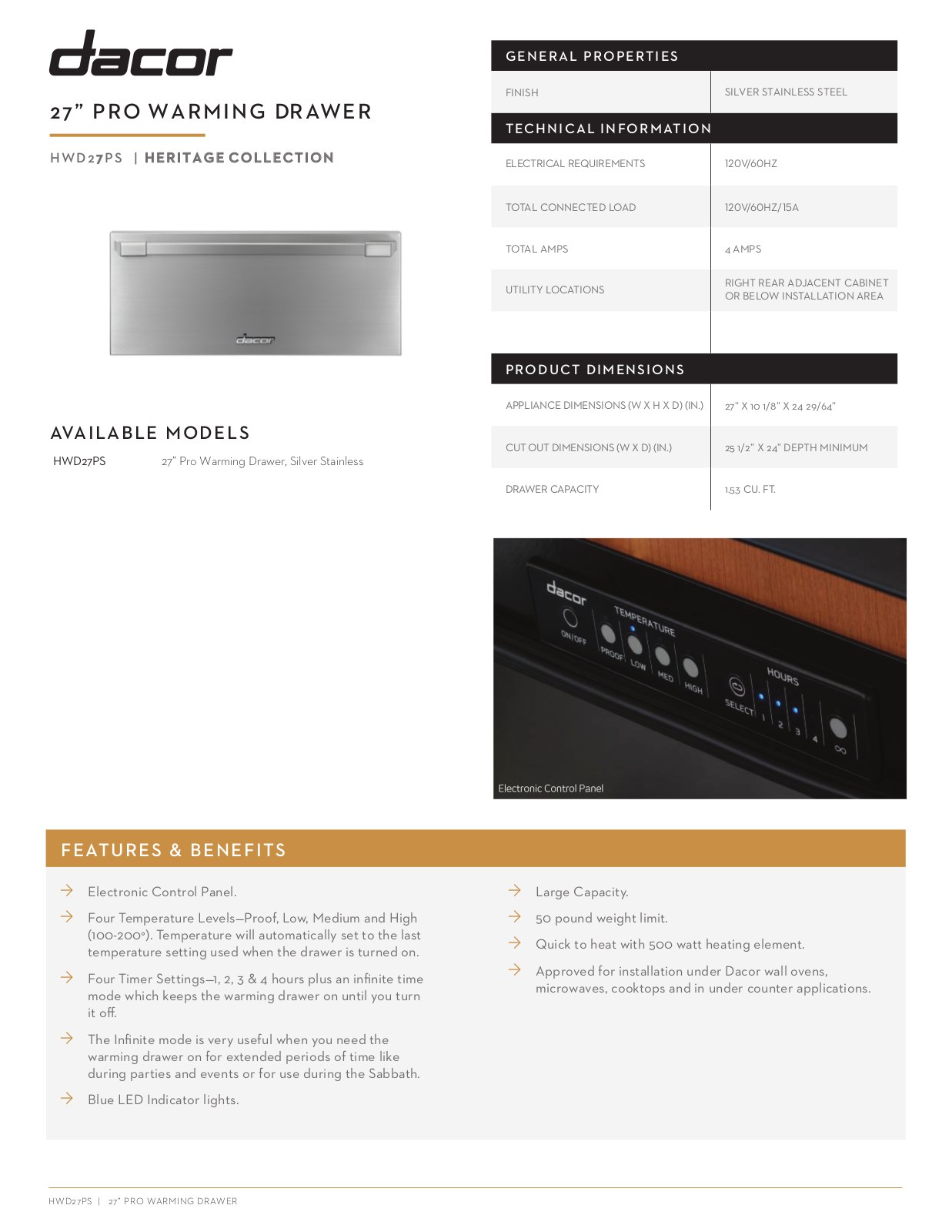 Dacor HWD27PS Specification Sheet