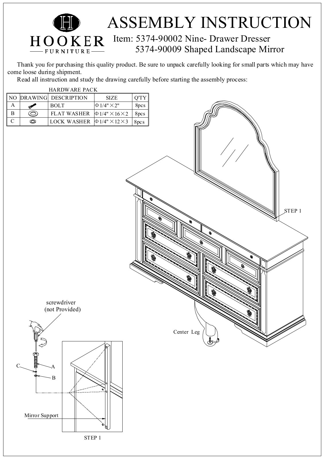 Hooker Furniture 537490009 Assembly Guide