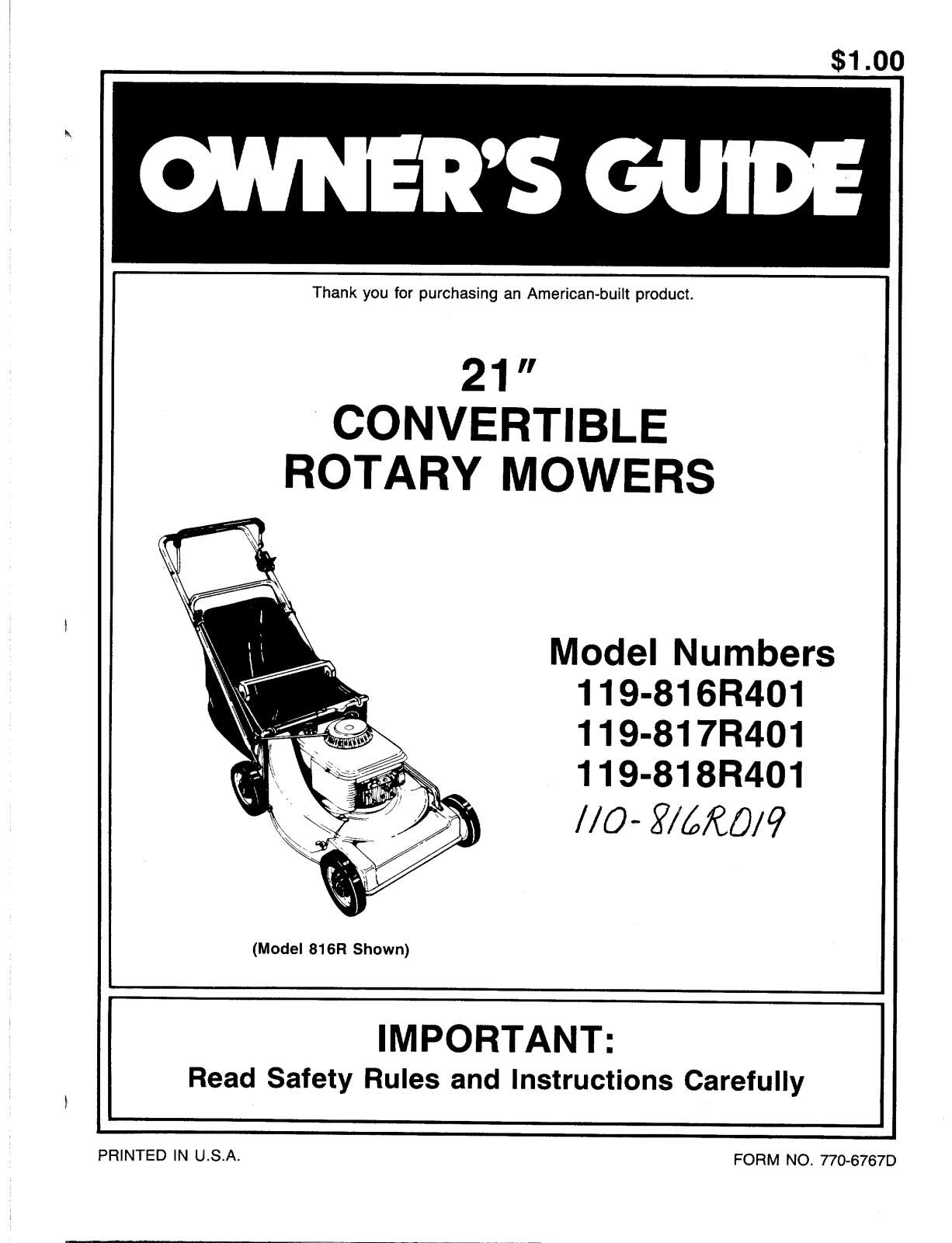 MTD 119-817R401, 119-816R401, 119-818R401 User Manual