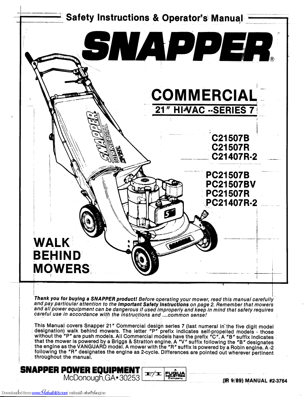 Snapper C21507R, C21507B, CP21407R-2, CP21507B, CP21507R Safety Instruction