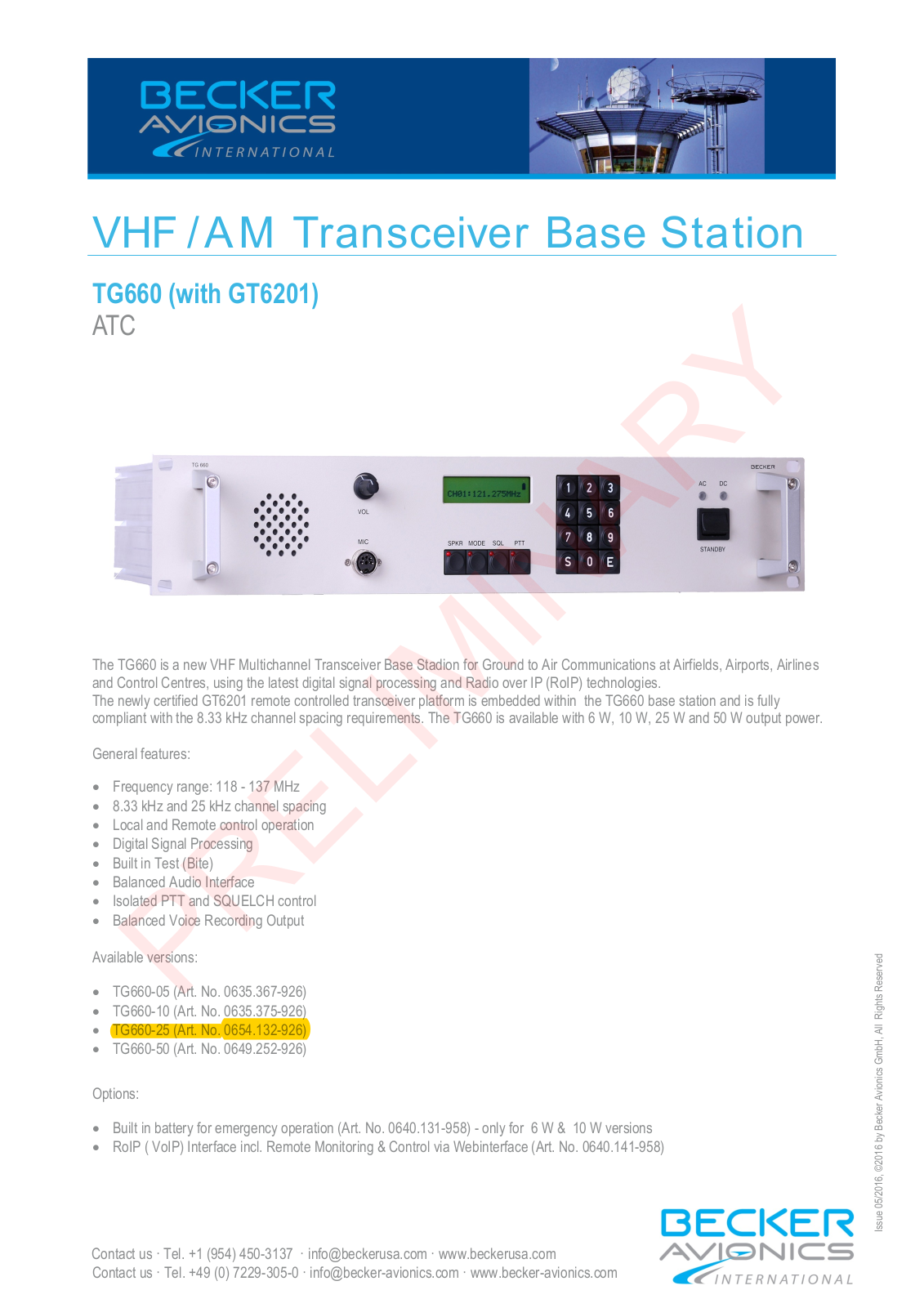 Becker Avionics TG660 Datasheet