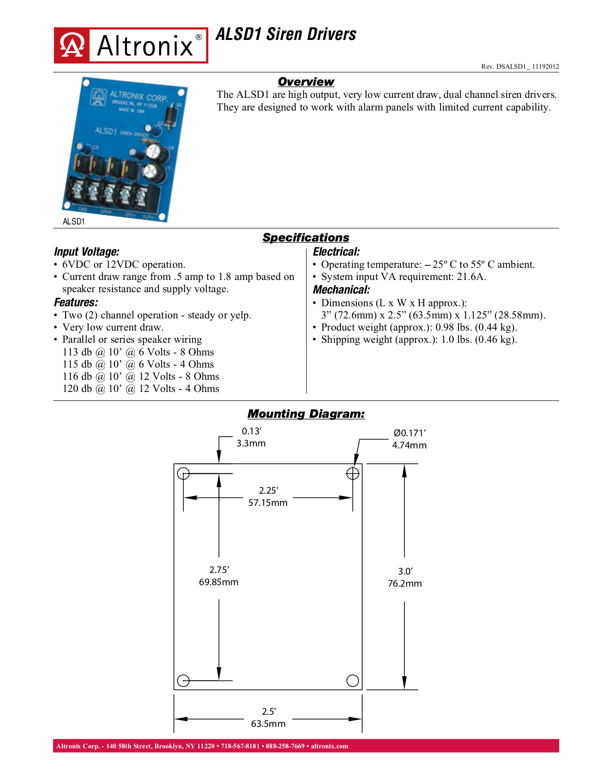 Altronix ALSD1 Data Sheet