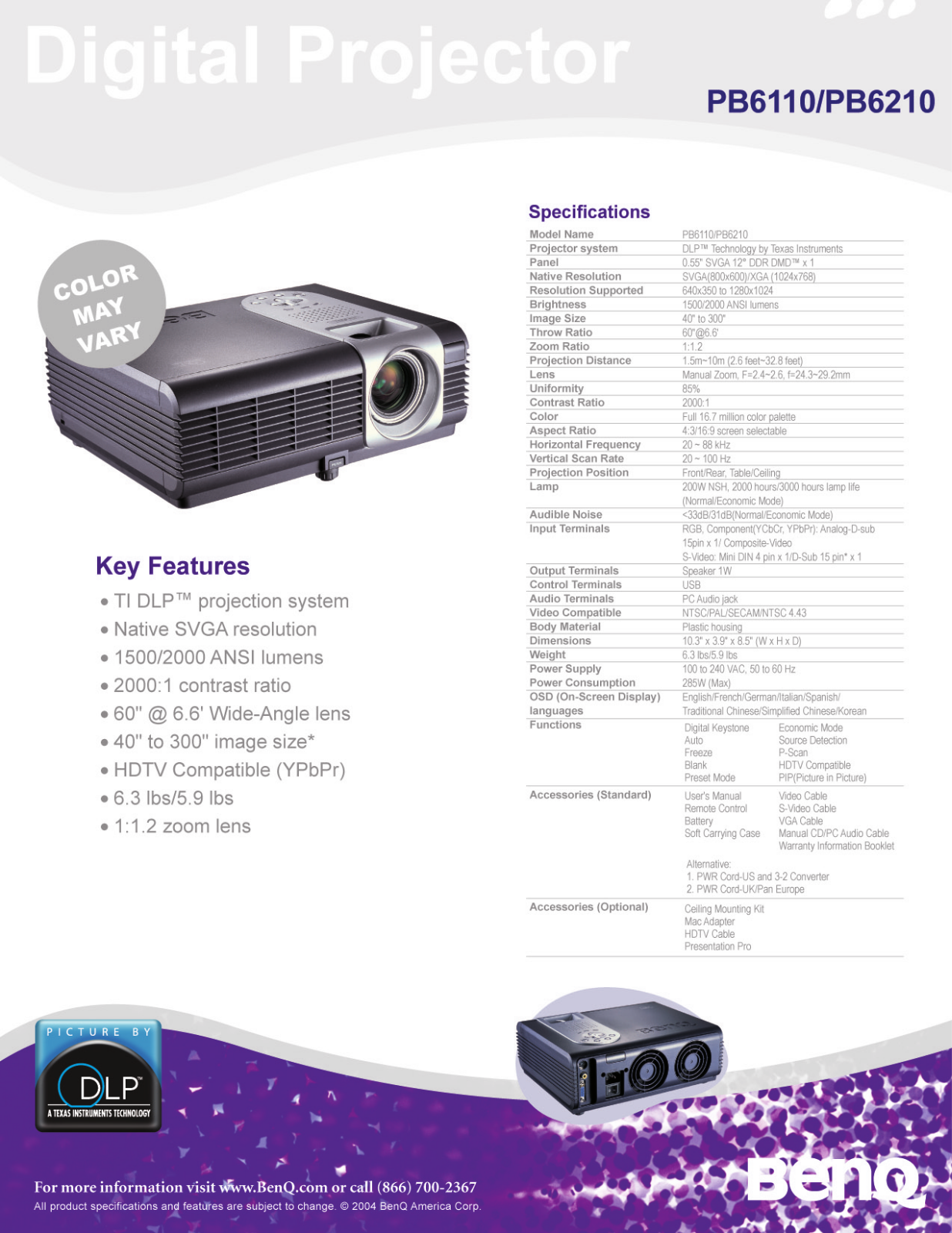 BenQ PB6110, PB6210 Product Sheet