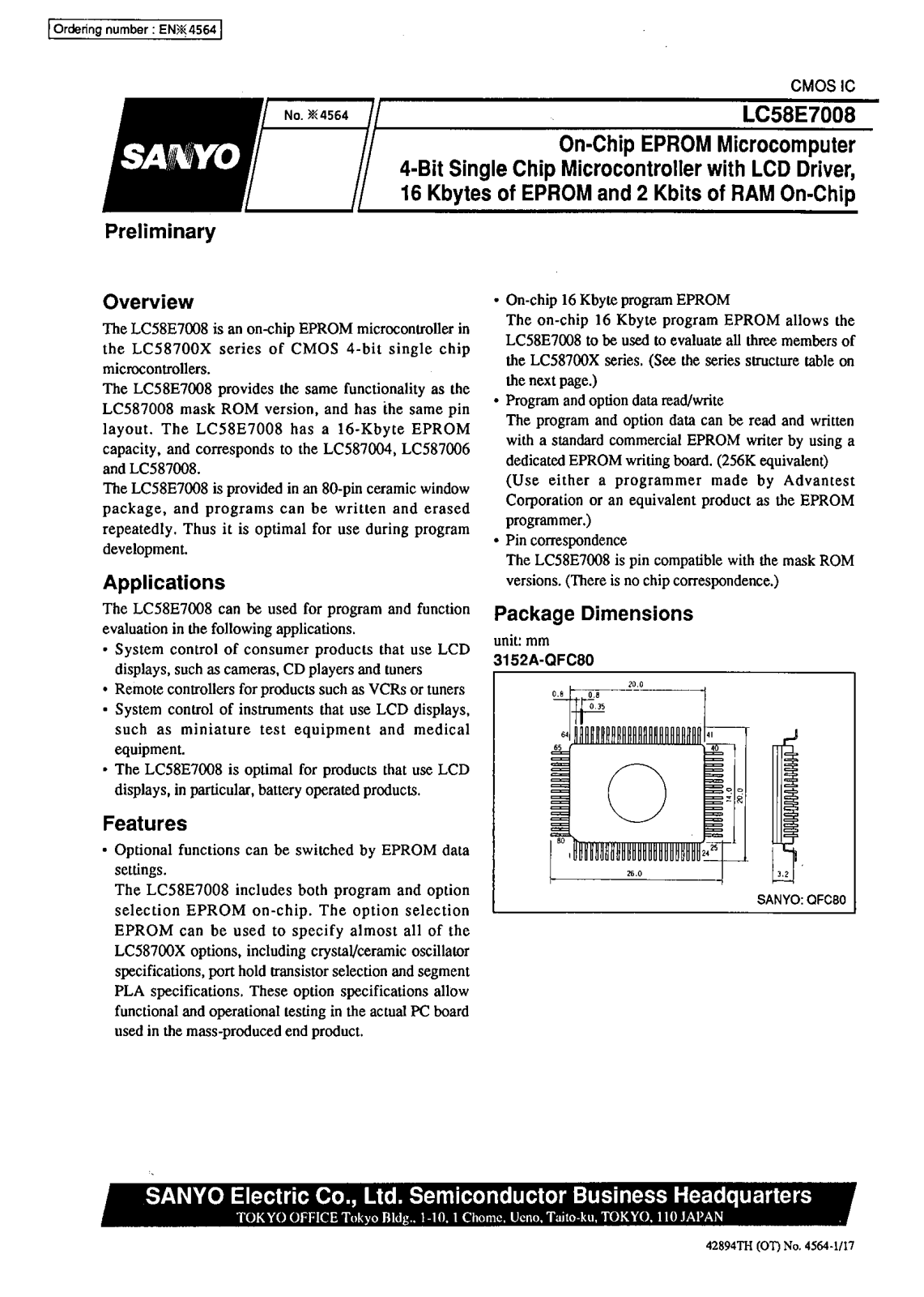 SANYO LC58E7008 Datasheet