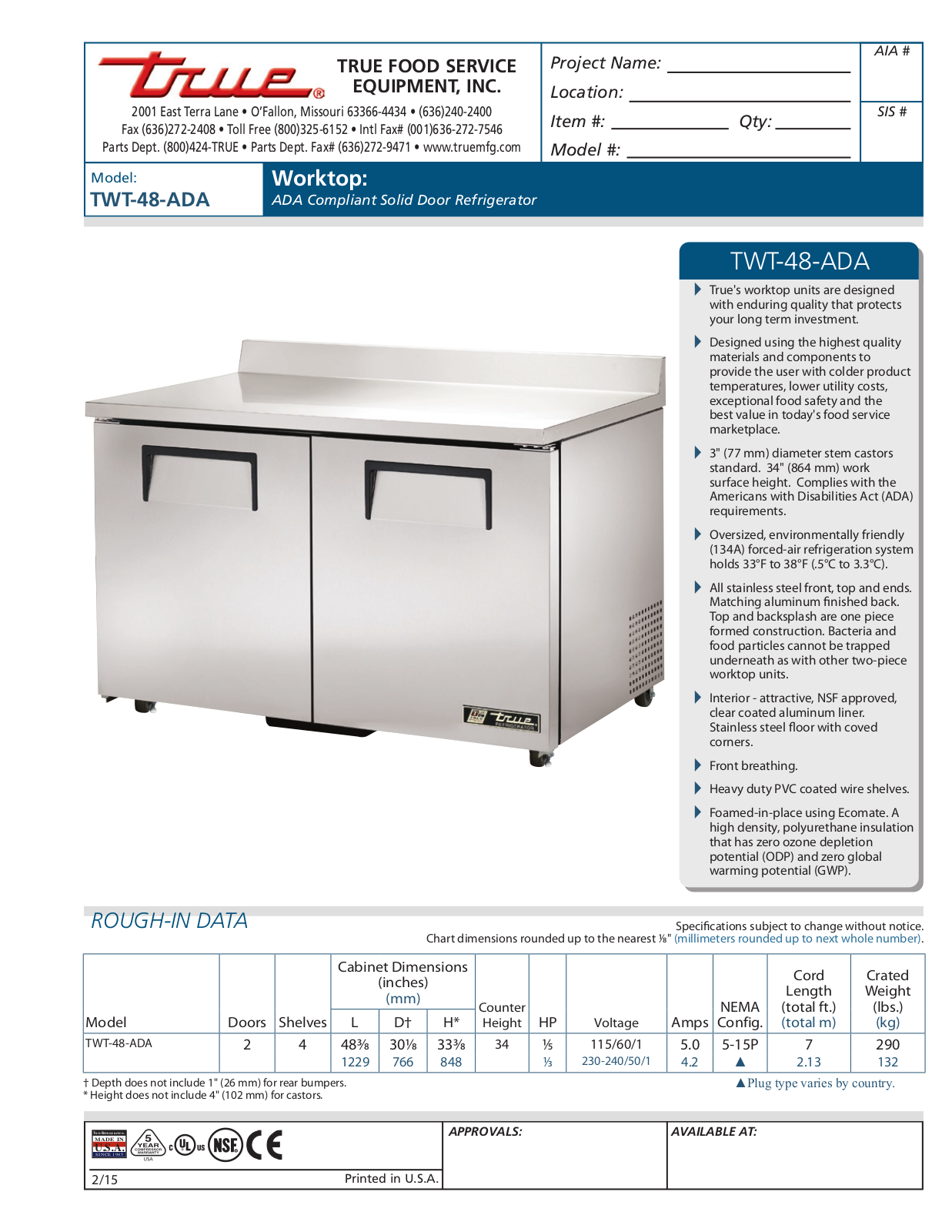 True TWT-48-ADA User Manual