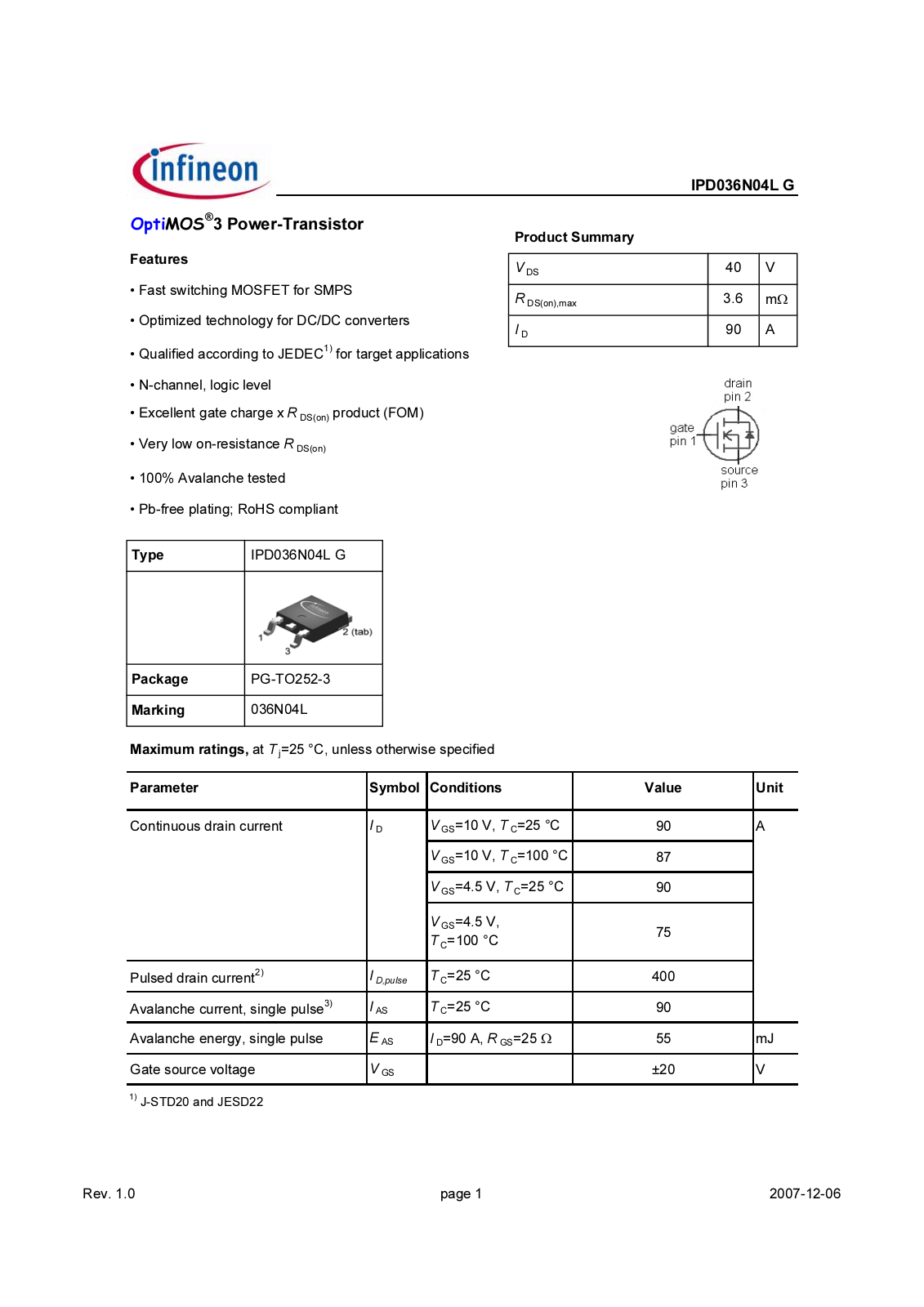 Infineon IPD036N04L G Schematic