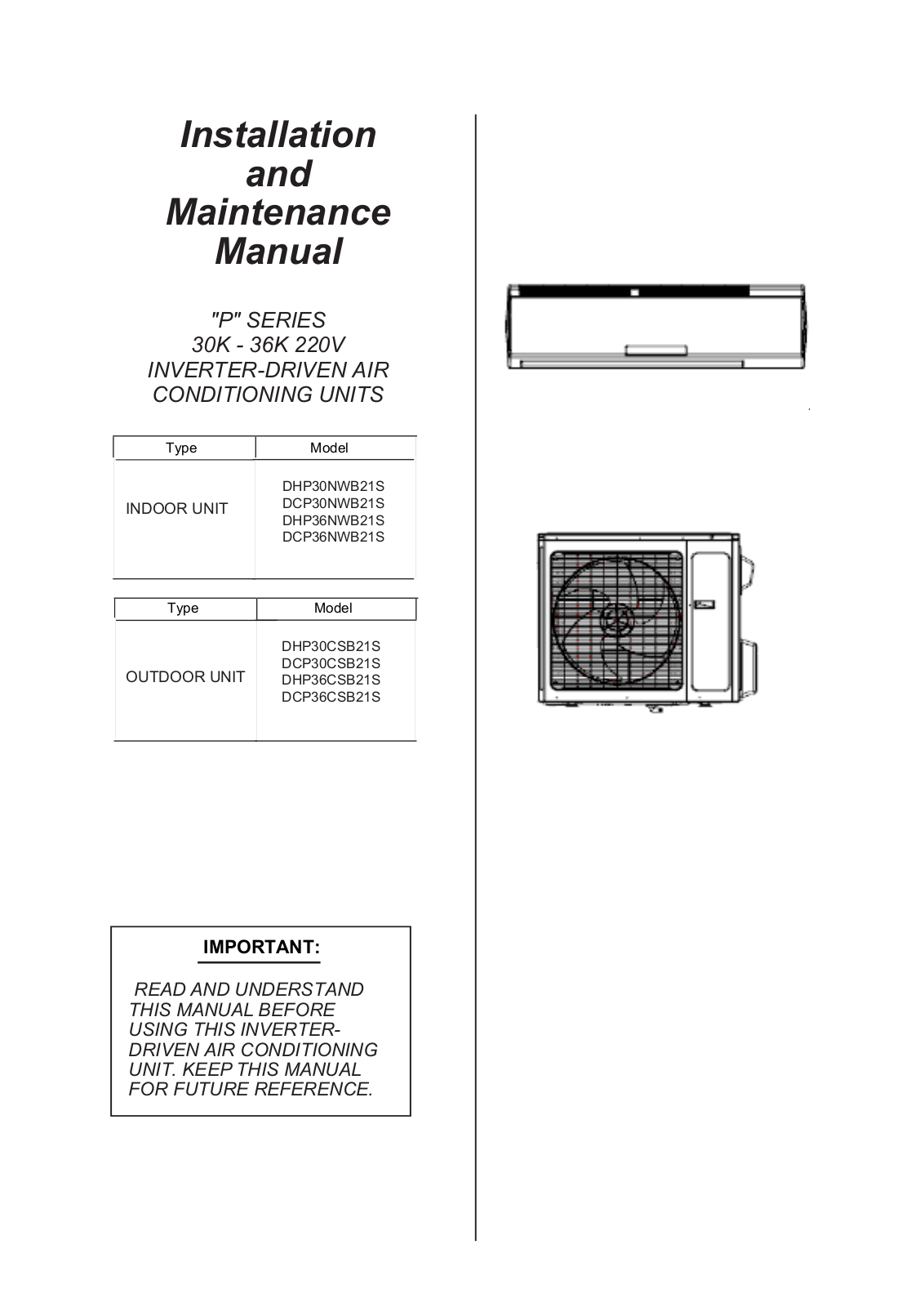 Johnson Controls P Series, DHP30NWB21S, DCP36NWB21S, DHP30CSB21S, DCP30CSB21S Installation And Maintenance Manual