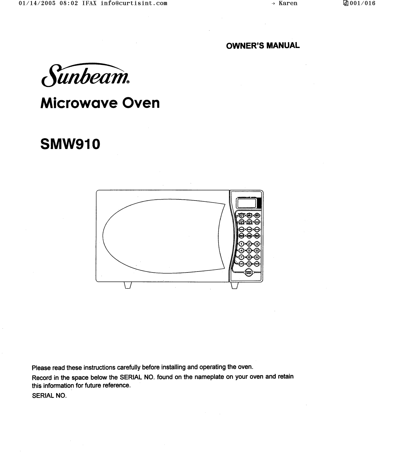 Sunbeam SMW910 Owner's Manual