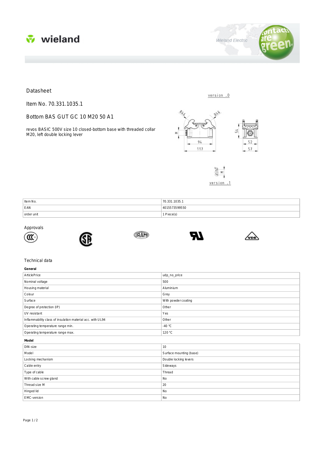 Wieland 70.331.1035.1 Data Sheet