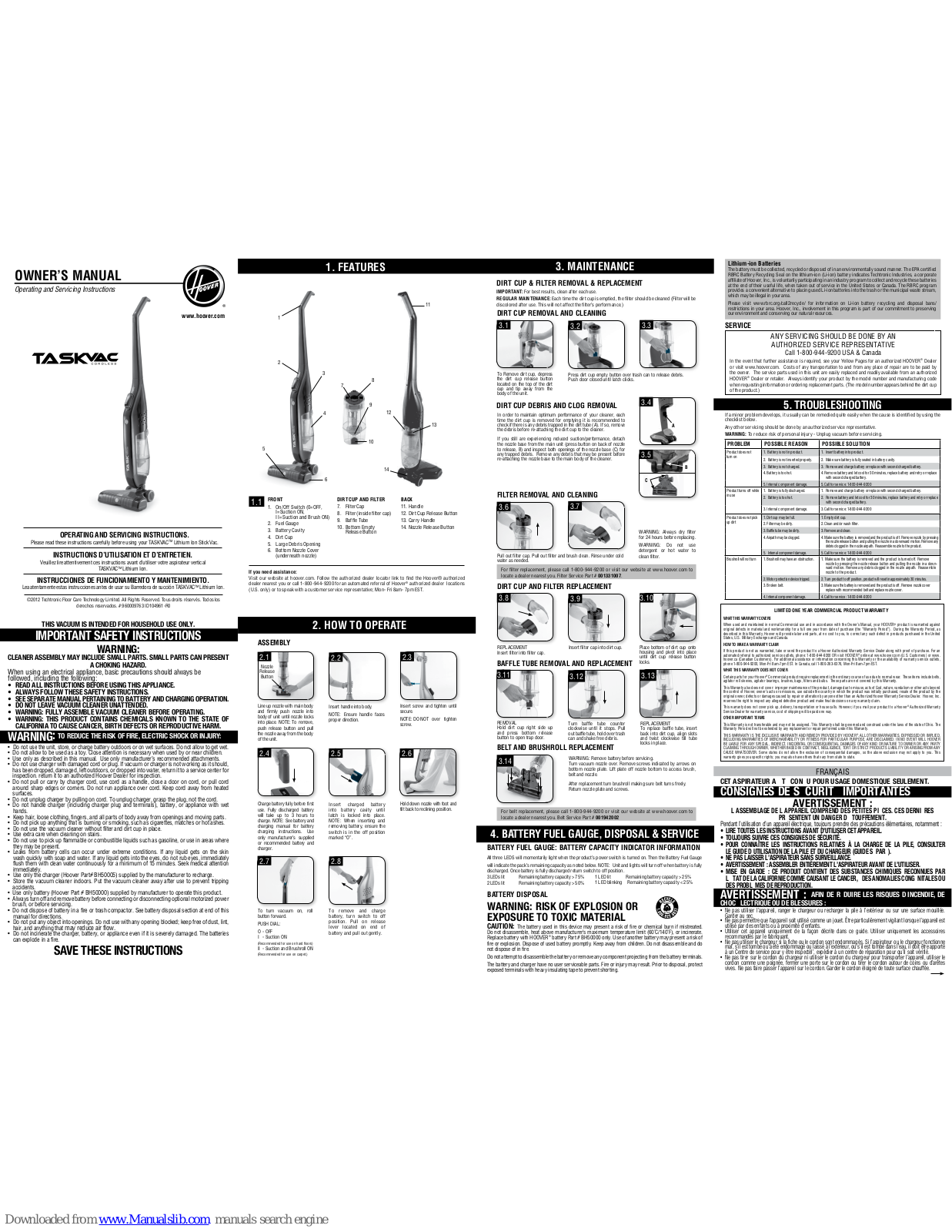 Hoover TASKVAC CH20110 Owner's Manual