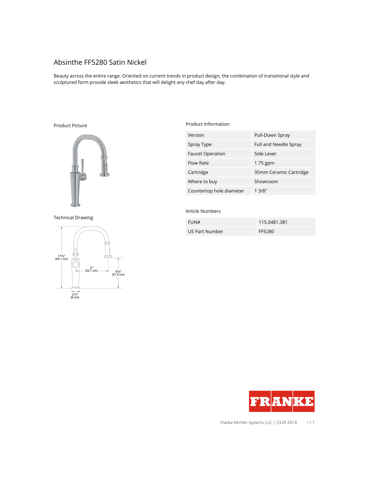 Franke FF5280 Specification Sheet