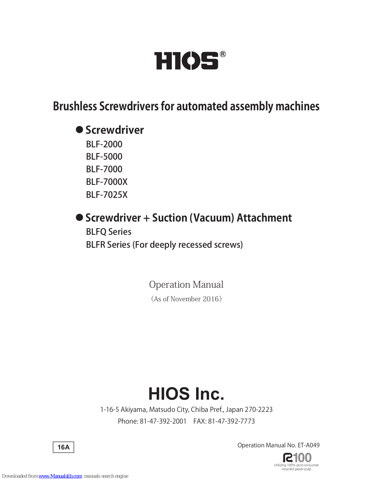 HIOS BLF-2000, BLF-7000, BLF-7000X, BLF-5000, BLF-7025X Operation Manual