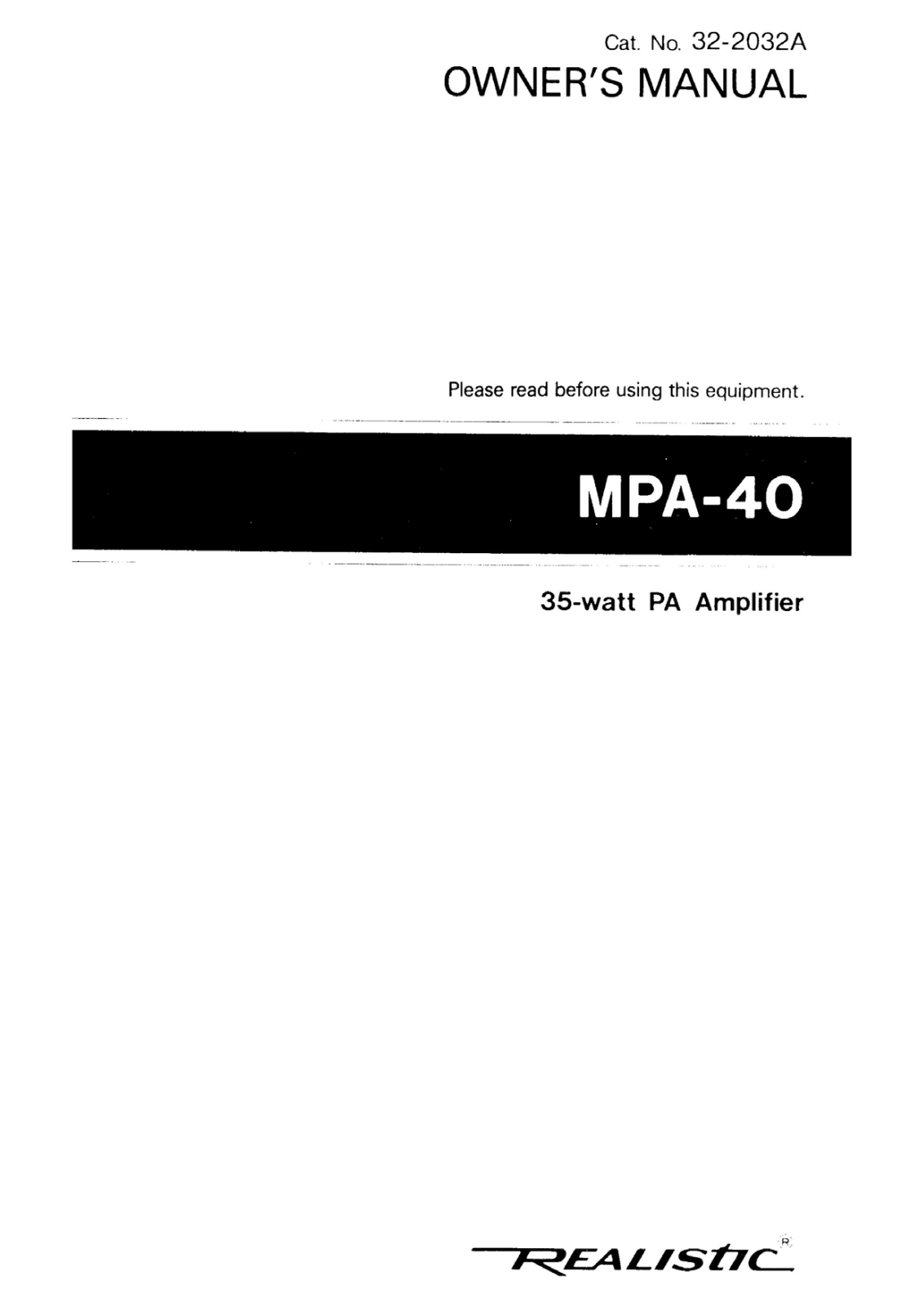 Realistic   RadioShack MPA-40 Owners Manual