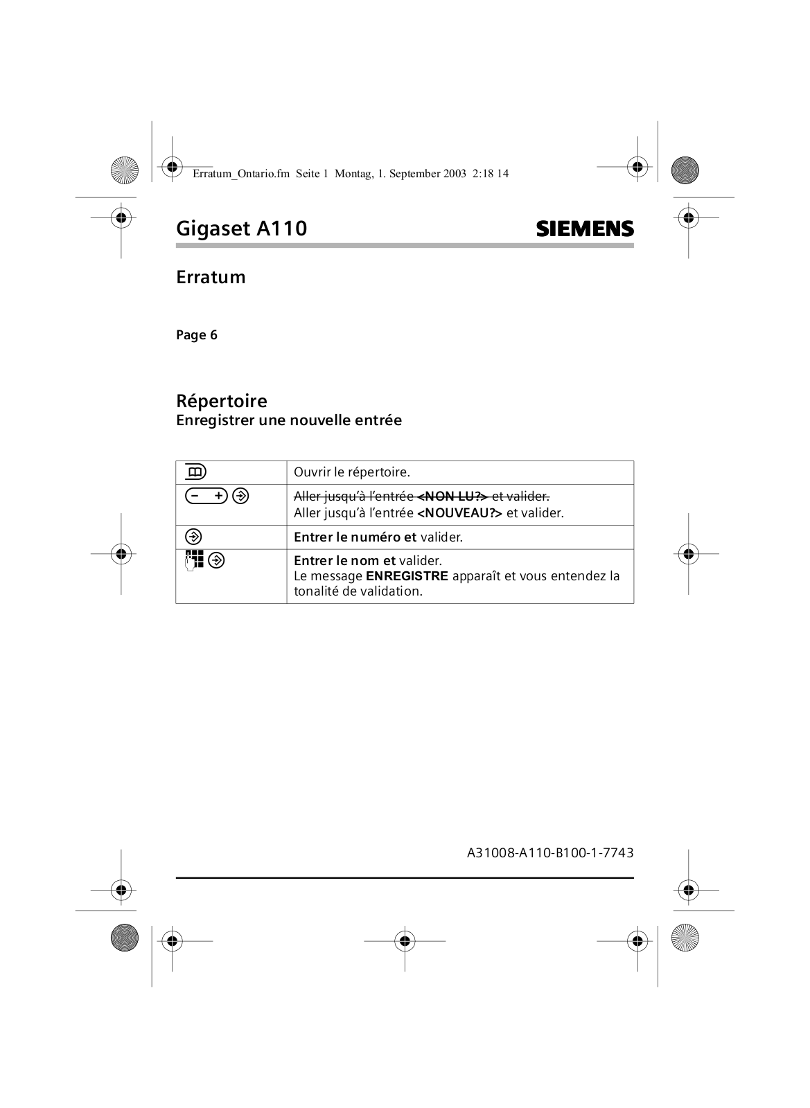 Siemens GIGASET A110 ERRATUM User Manual