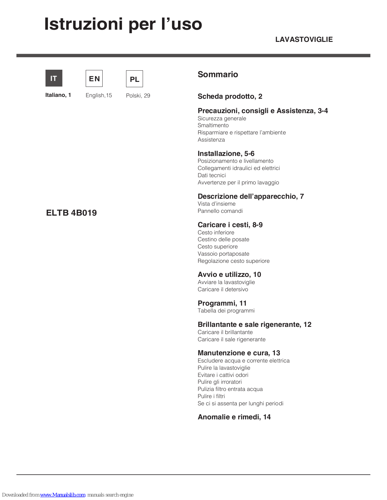 Hotpoint Ariston ELTB 4B019 Operating Instructions Manual