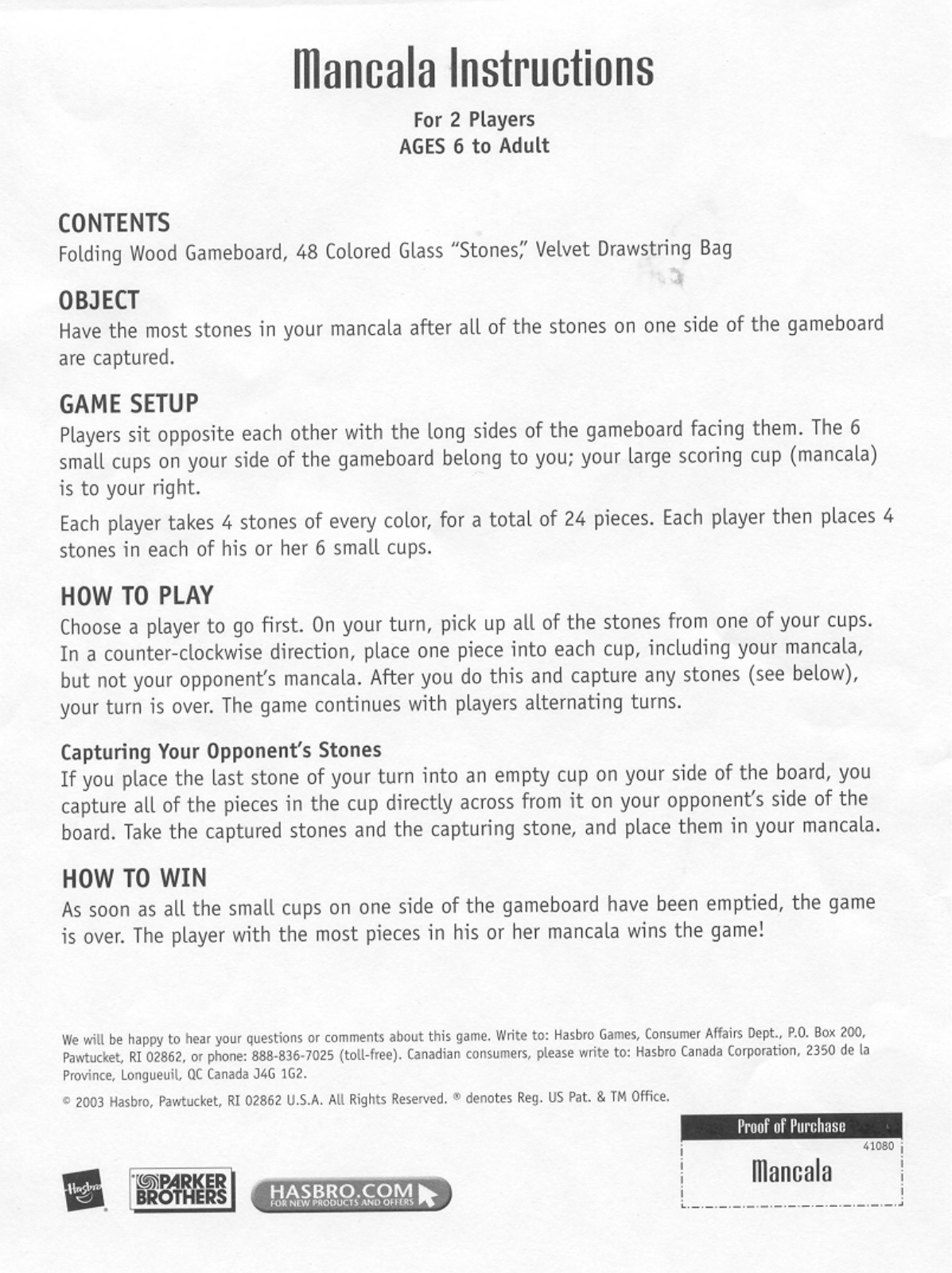 Hasbro MANCALA User Manual