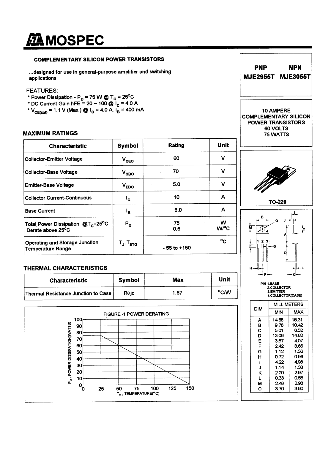 MOSPEC MJE3055T, MJE2955T Datasheet