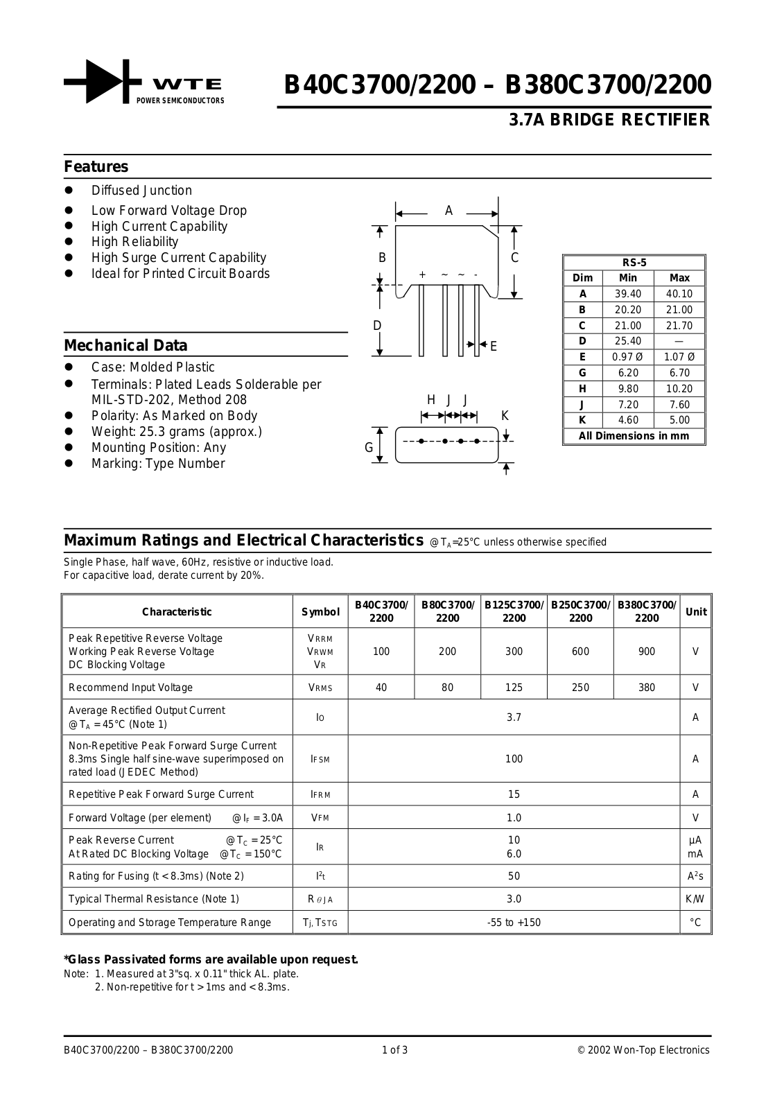 WTE B80C2200, B80C3700, B40C3700, B40C2200, B380C3700 Datasheet