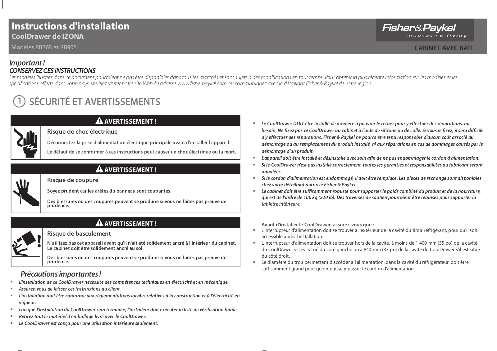 Fisher & Paykel RB36S25MKIW1 Installation Guide