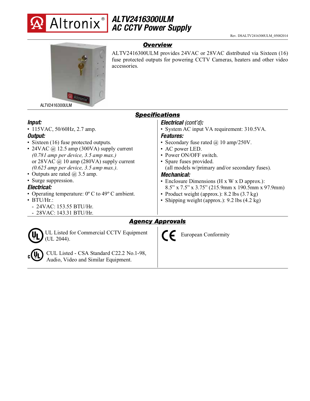 Altronix ALTV2416300ULM Specsheet