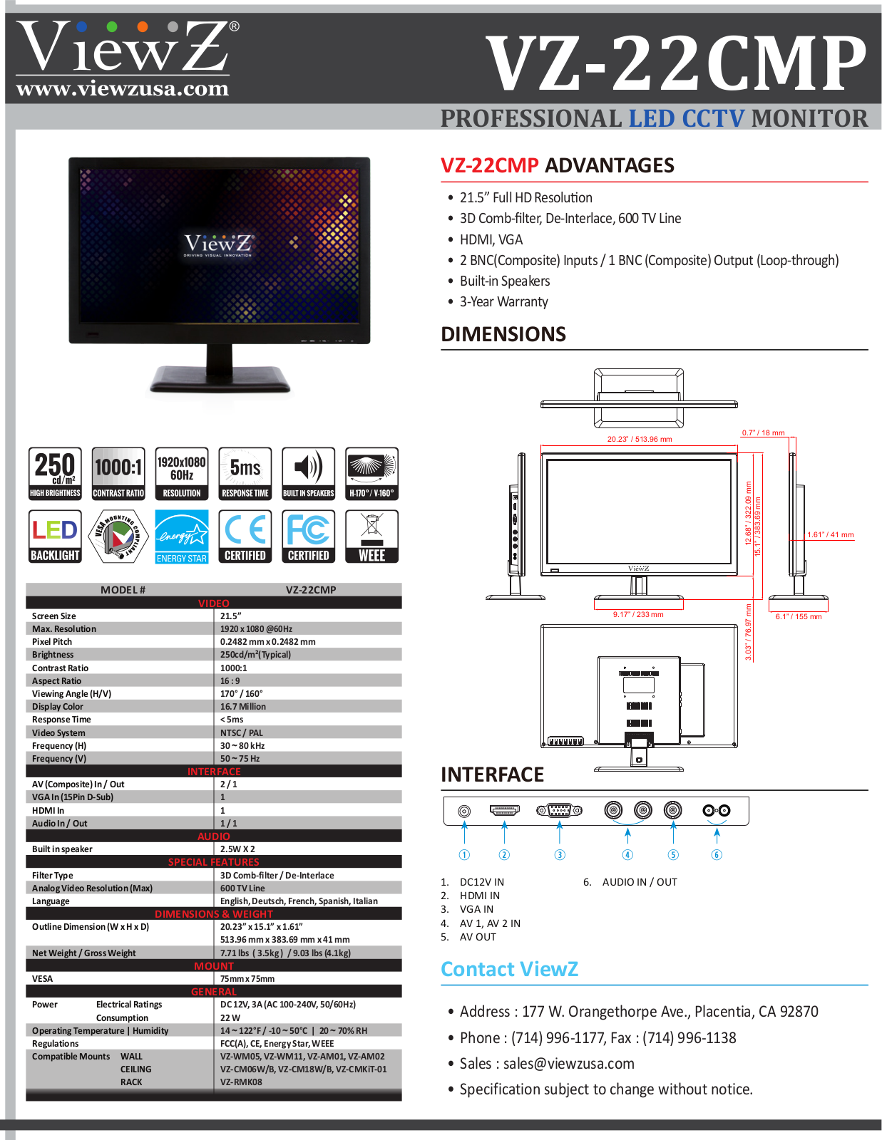 ViewZ VZ-22CMP Specsheet