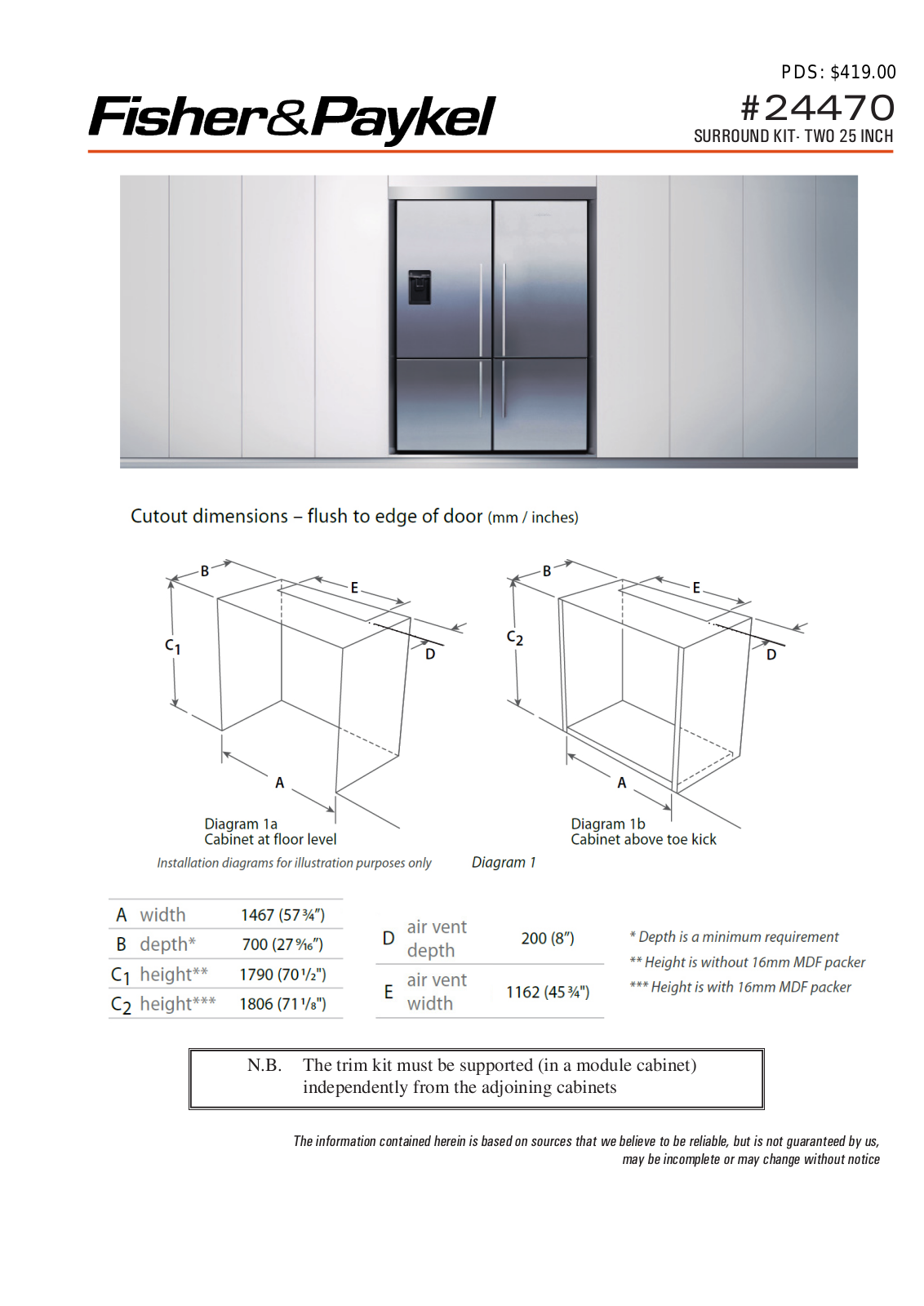 Fisher Paykel 24470 Specifications