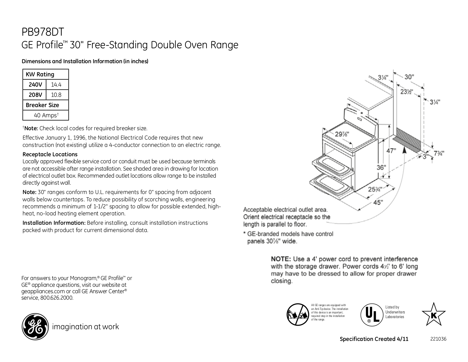 GE PB978DT Specification