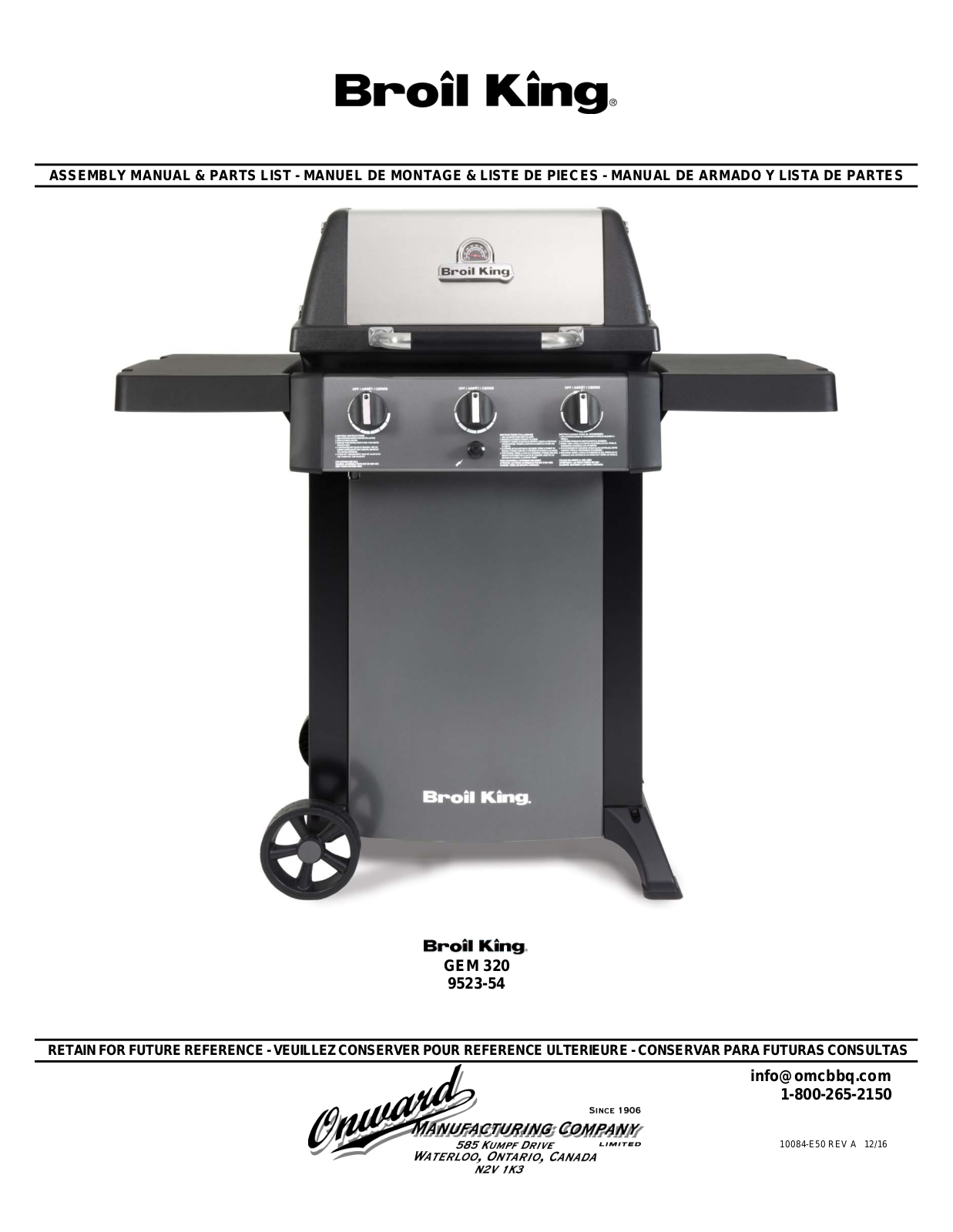 Broil King 9523-54 ASSEMBLY MANUAL & PARTS LIST