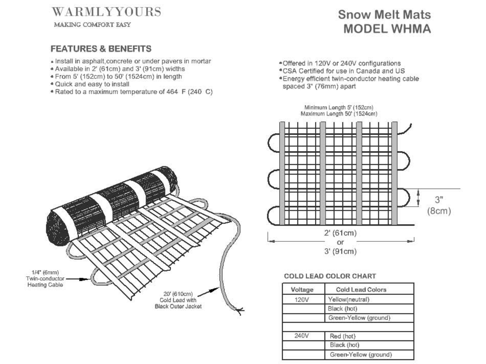 WarmlyYours WHMA1200215, WHMA2400230 Specifications