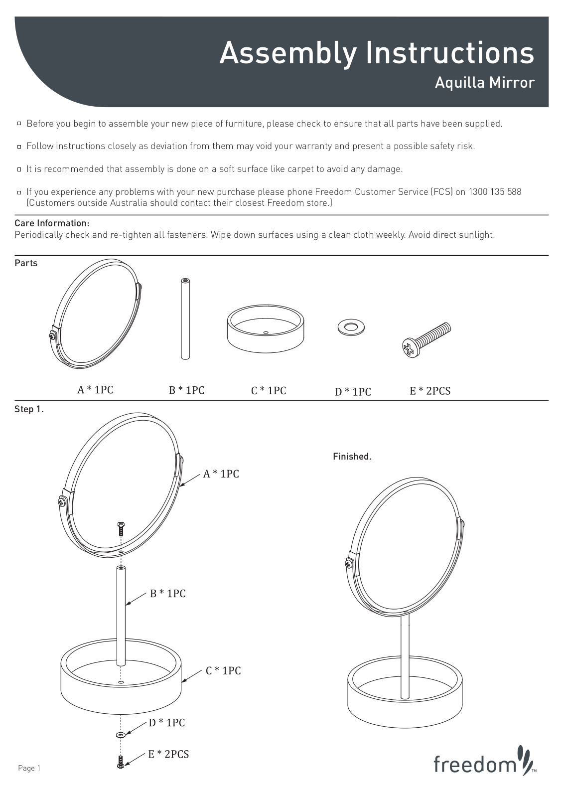 Freedom Aquilla Mirror Assembly Instruction