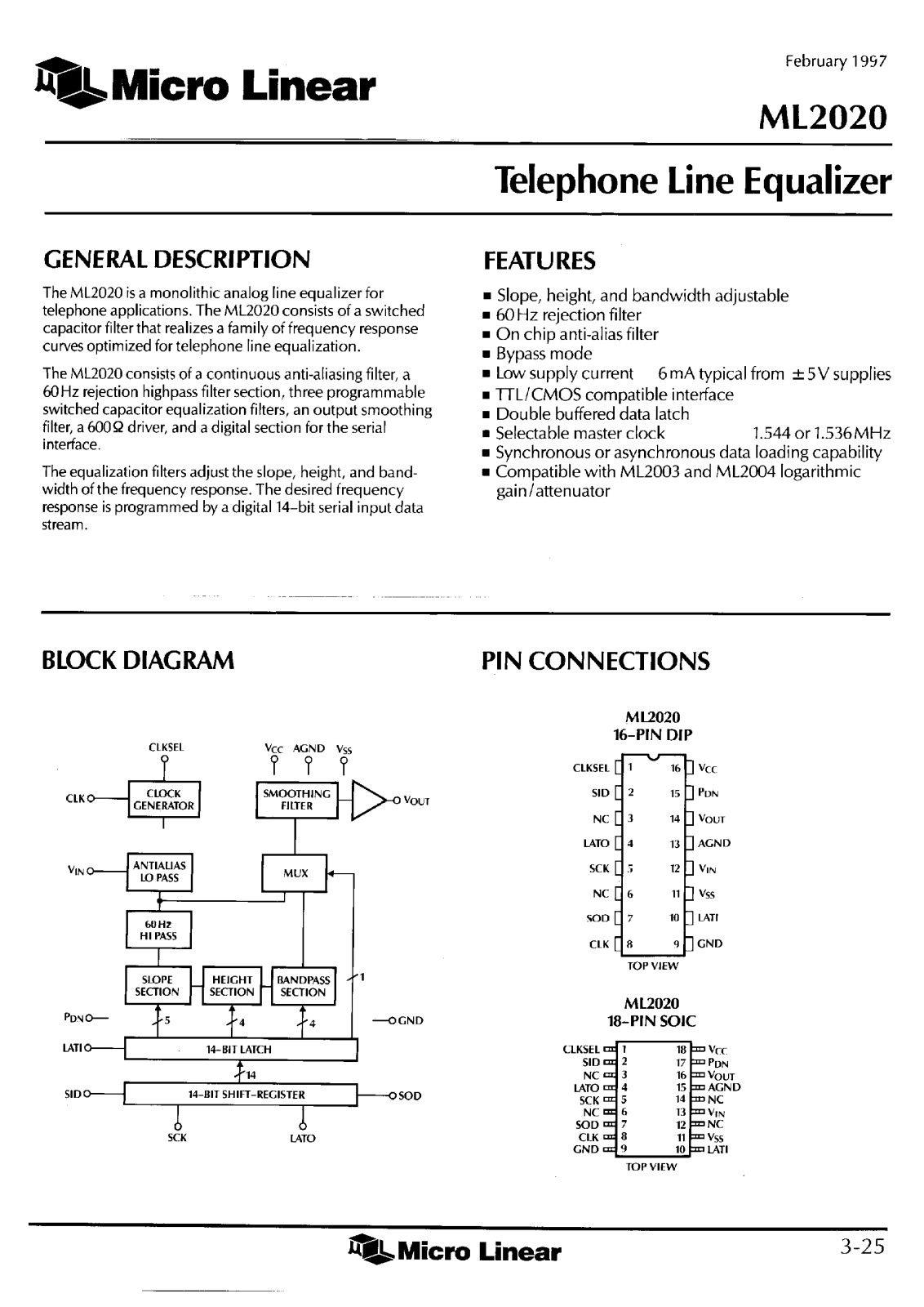 Micro Linear Corporation ML2020IP, ML2020CP, ML2020CS, ML2020IS Datasheet