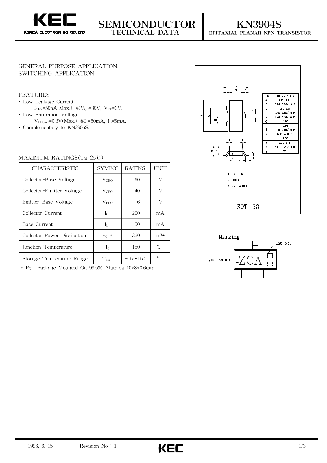 KEC KN3904S Datasheet