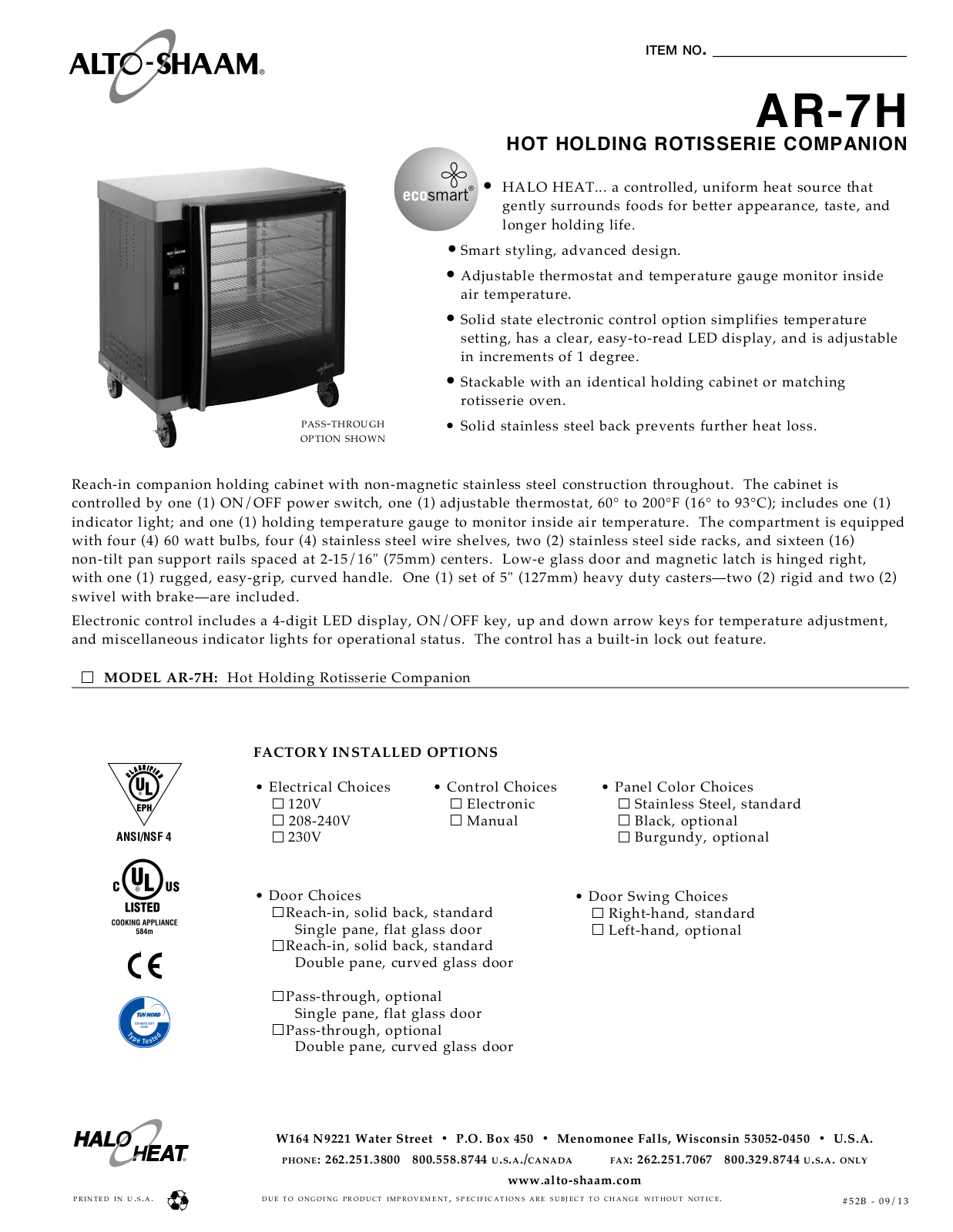 Alto Shaam AR-7H User Manual