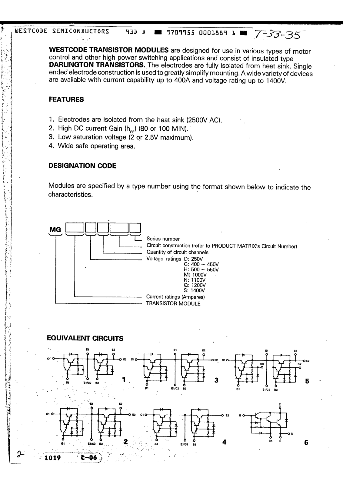 WESTCODE MG75G2YL1, MG75M2YK1, MG150M2YK1, MG150Q2YK1, MG50Q2YL1 Datasheet