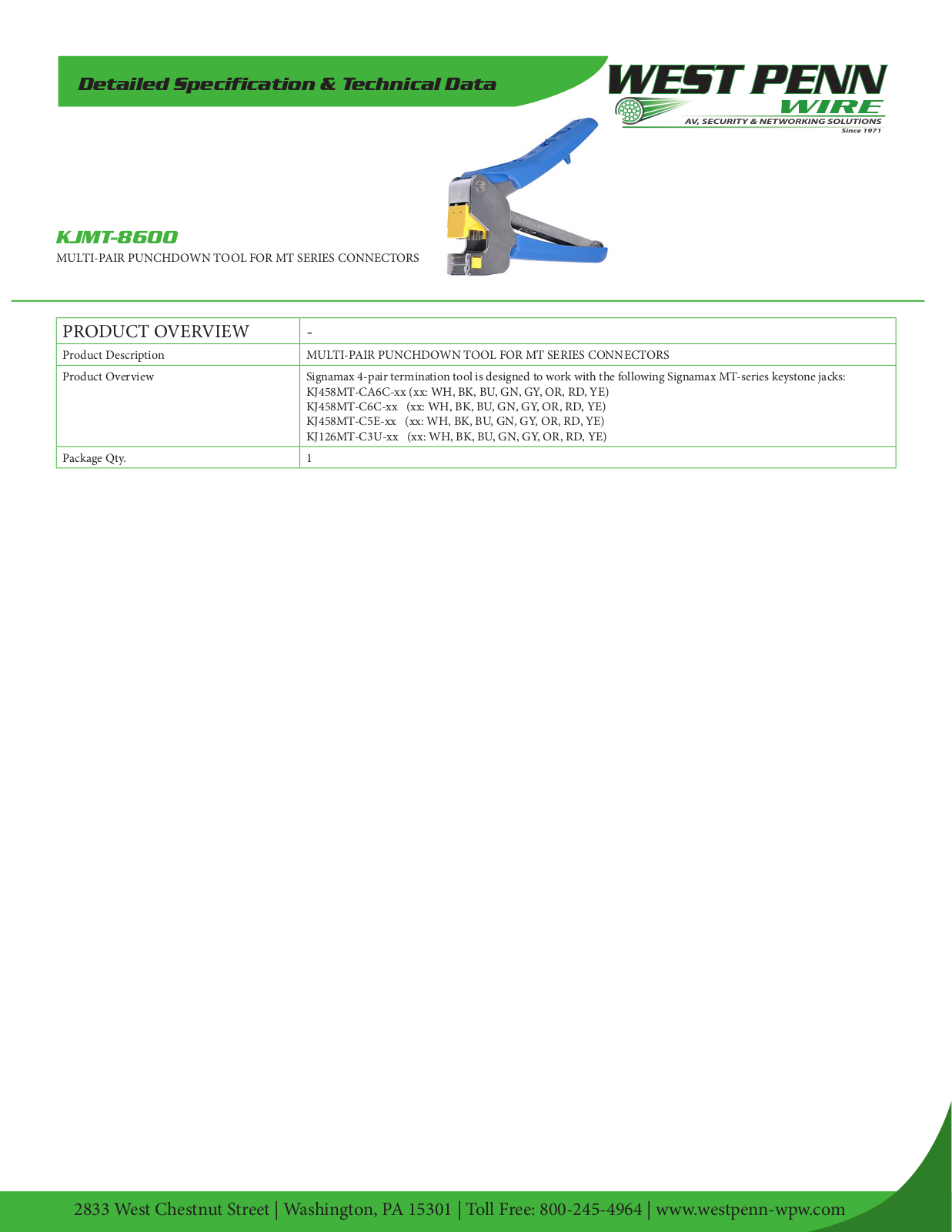 West Penn KJMT-8600 Specsheet