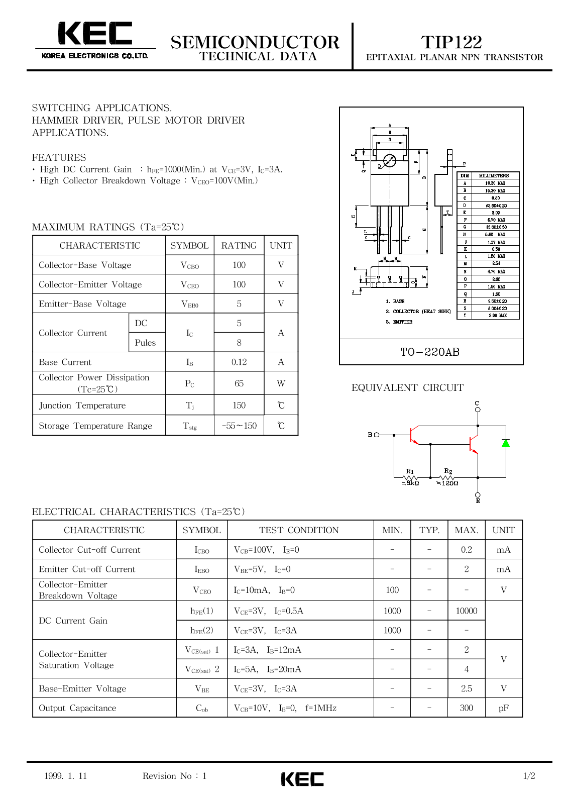 KEC TIP122 Datasheet