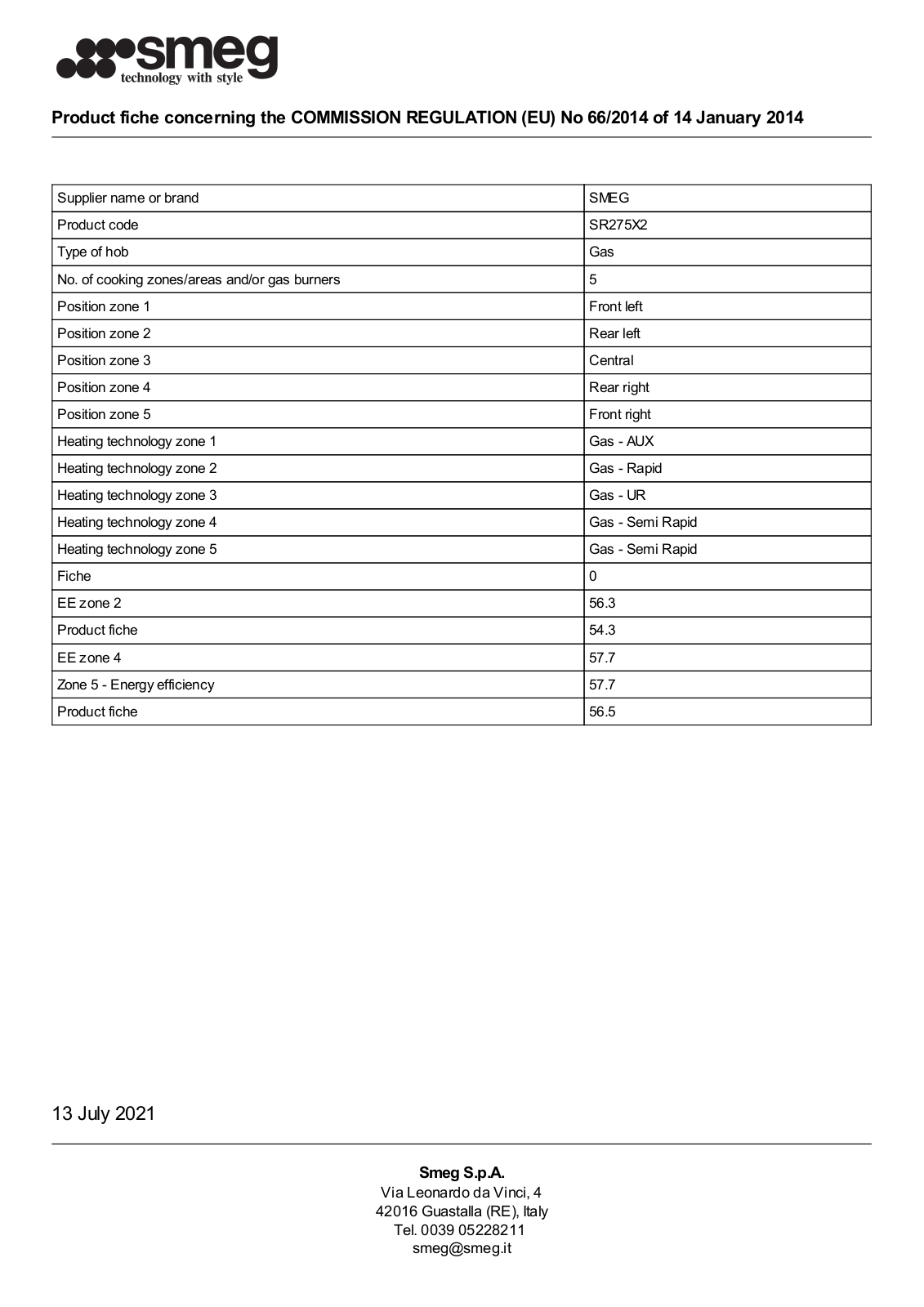 Smeg SR275X2 product information sheet