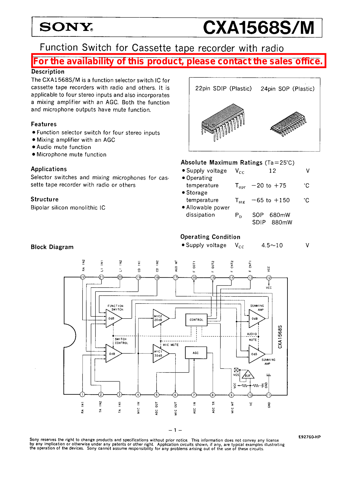 Sony CXA1568S, CXA1568M Datasheet