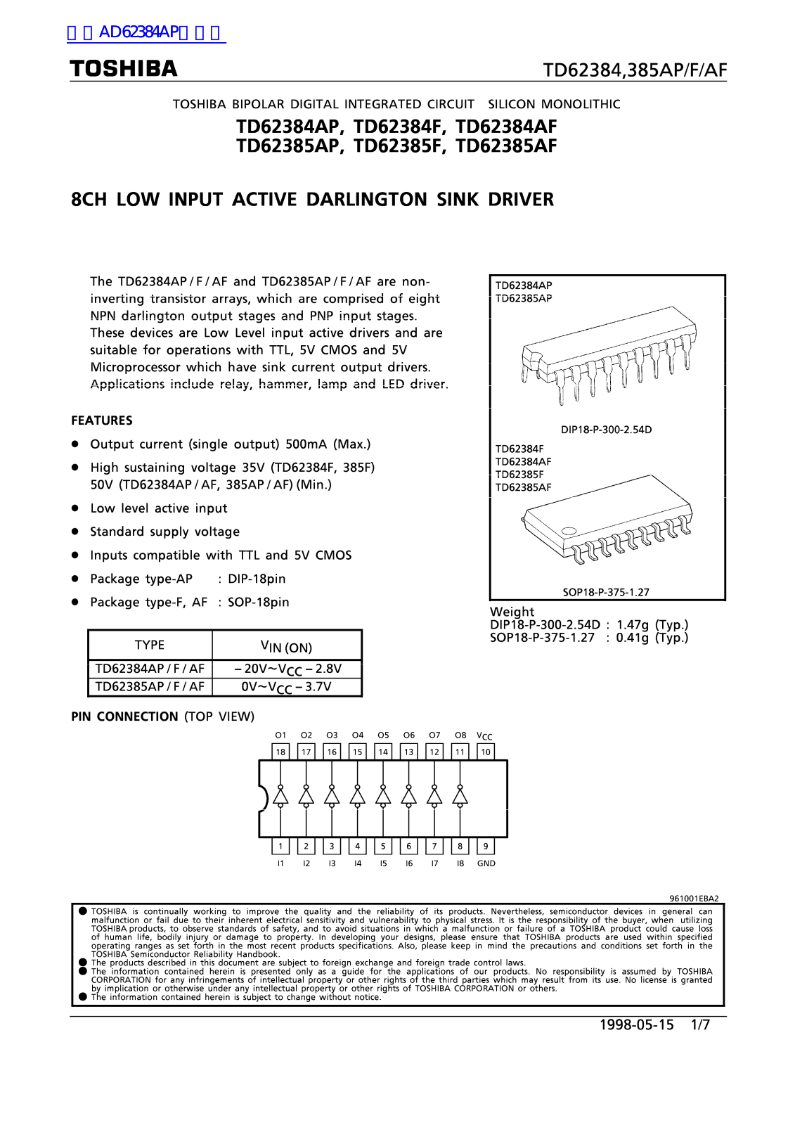 TOSHIBA TD62384AP, TD62384AF, TD62385AP, TD62385AF Technical data - ManualMachine.com