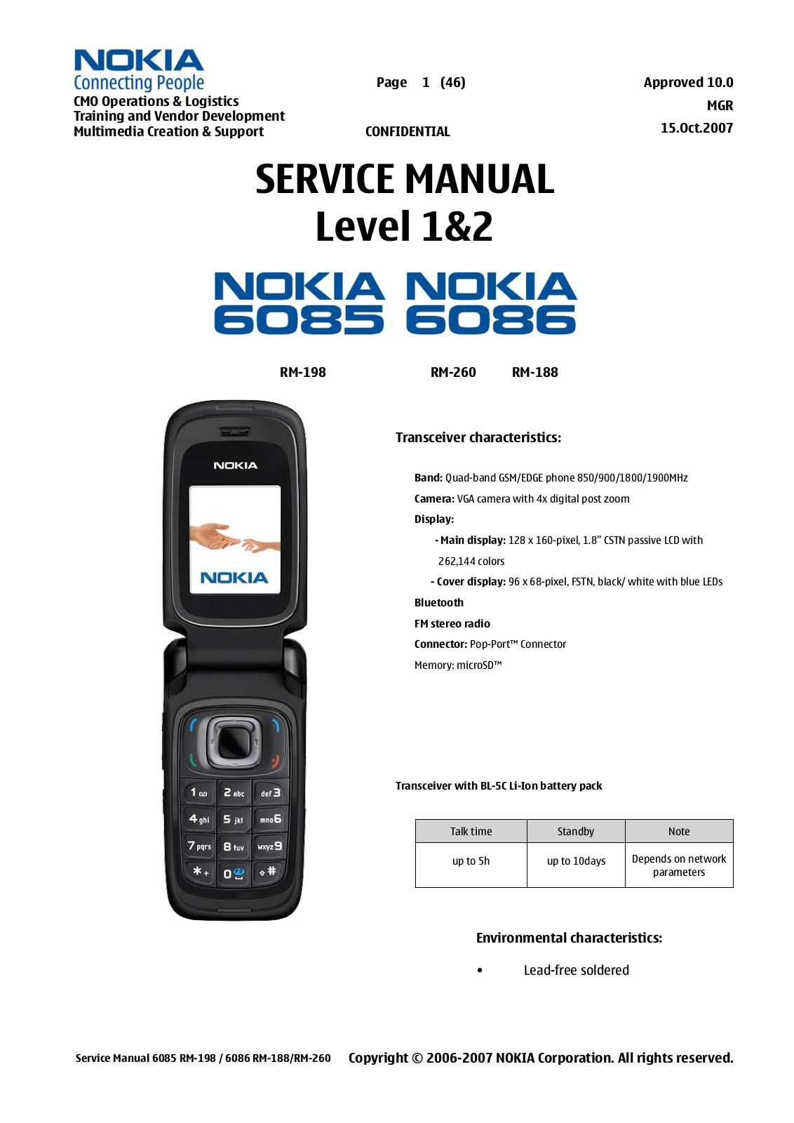 Nokia RM-188, RM-198, RM-260, 6085, 6086 Service manual