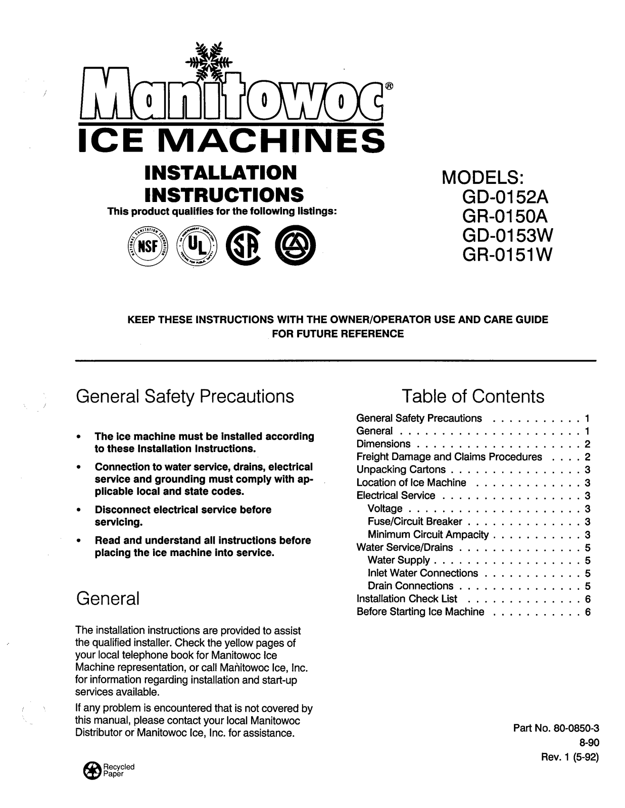 Manitowoc Ice gd0153w, gd 0152a, gr0151w, gr0150a User Manual