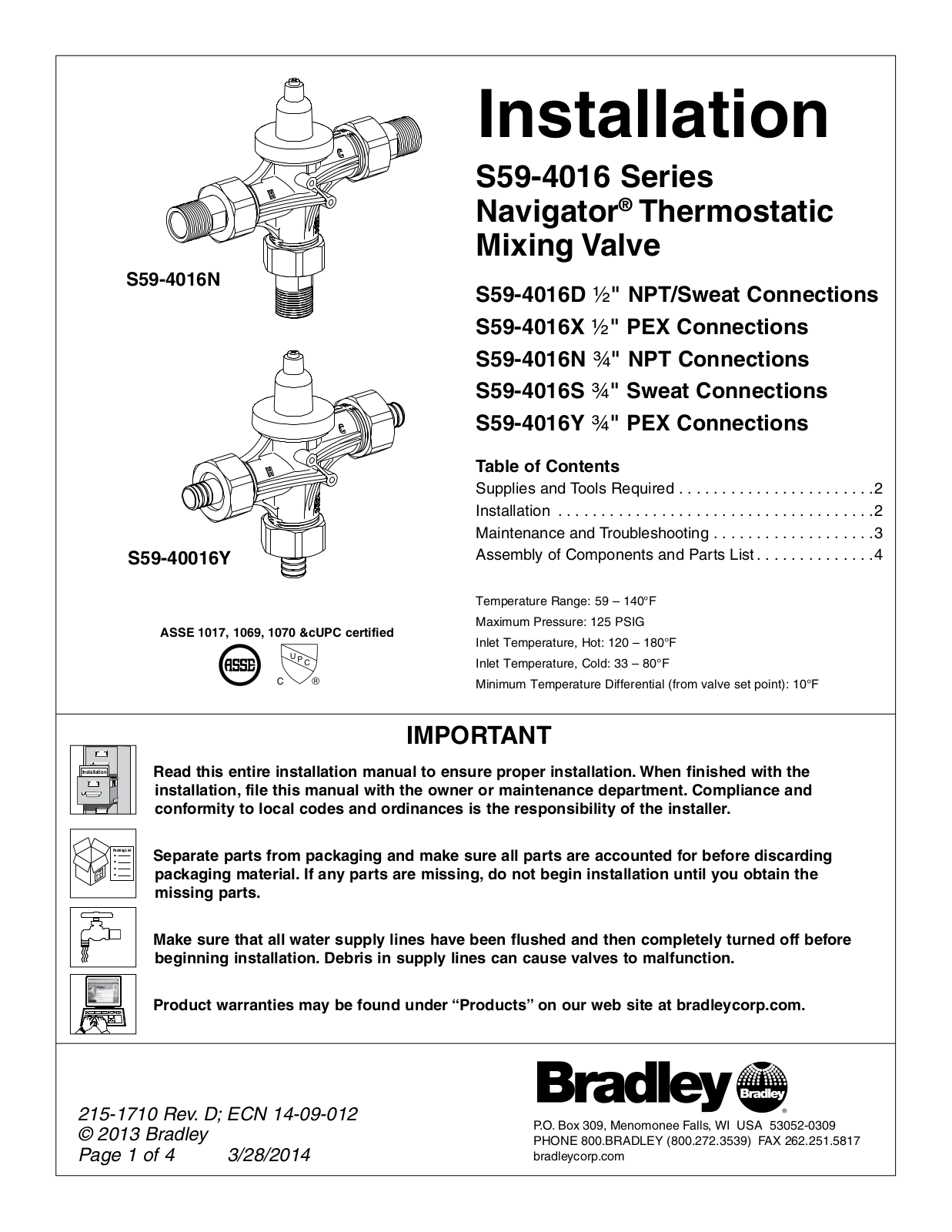 Bradley Corporation S59-4016D, S59-4016N, S59-4016S, S59-4016X, S59-4016Y Service manual