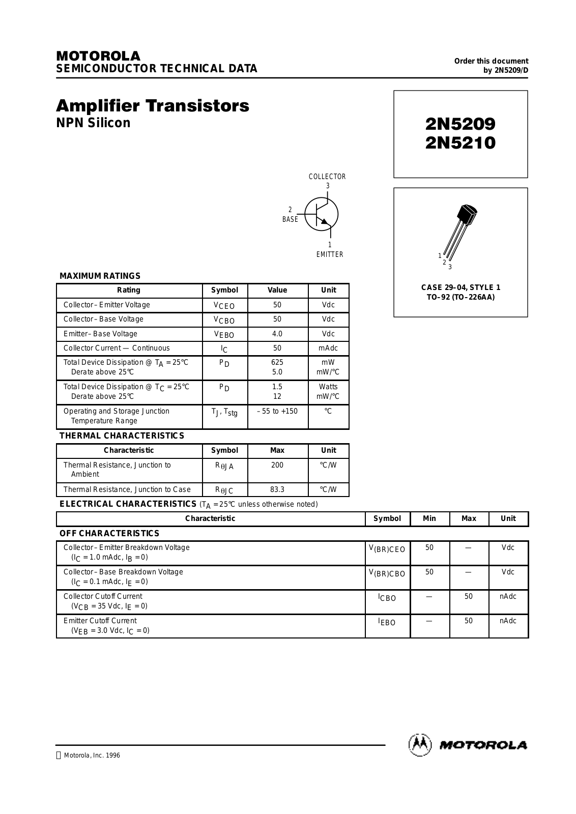 ON Semiconductor 2N5210RLRA, 2N5209RLRE Datasheet