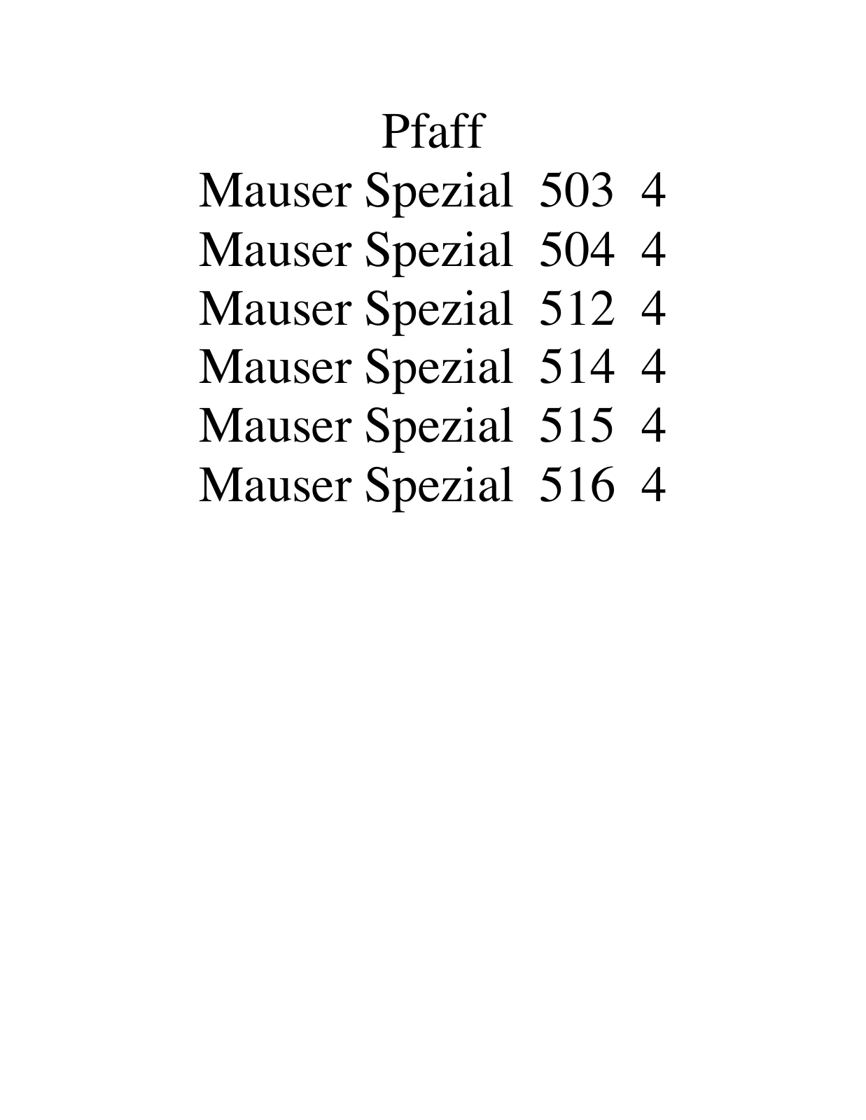 PFAFF Mauser Spezial 503 4, Mauser Spezial 504 4, Mauser Spezial 512 4, Mauser Spezial 514 4, Mauser Spezial 515 4 Parts List